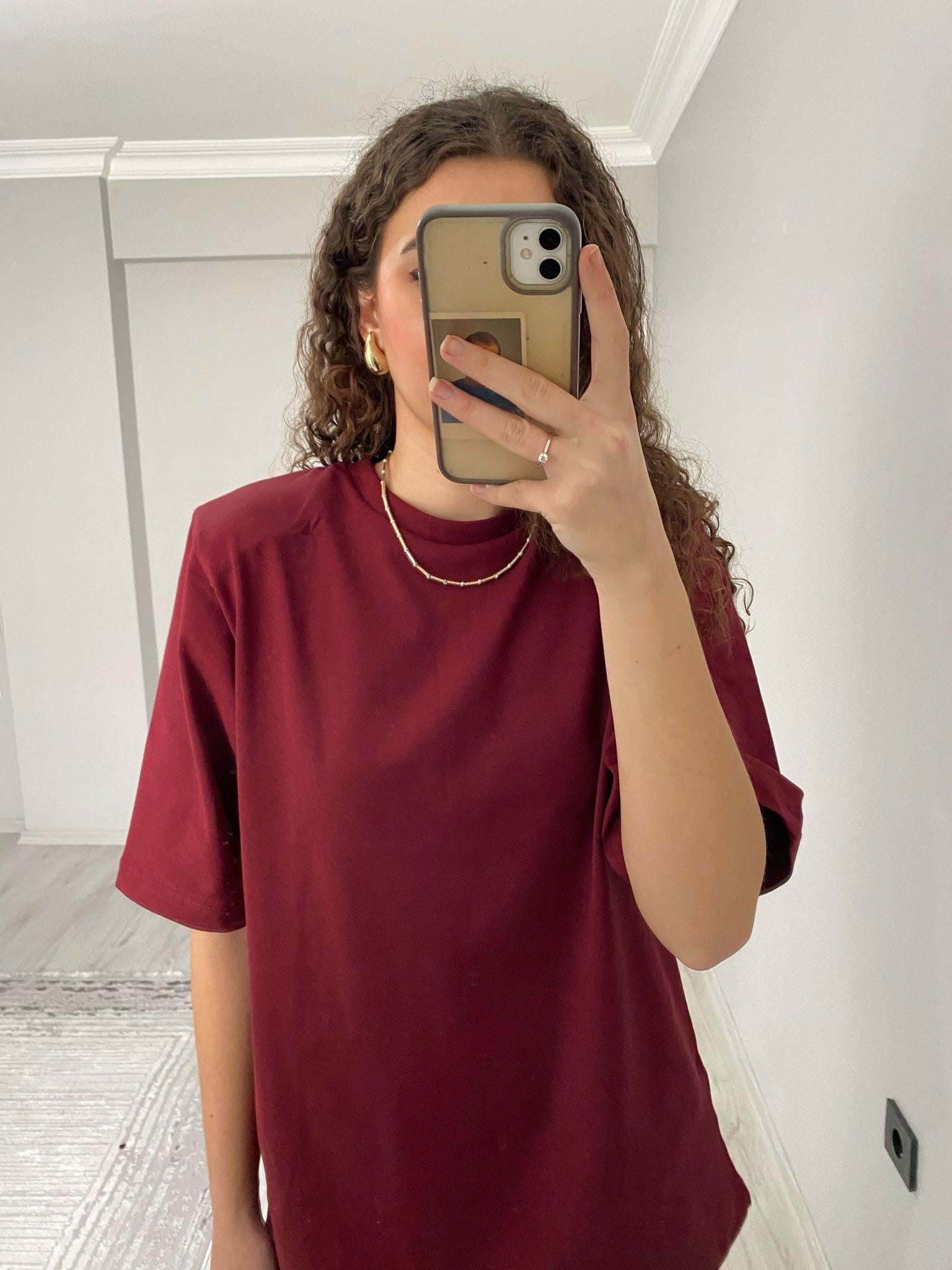 Premium Kalite Vatkalı Pamuklu Kısa Kollu Tshirt Bordo
