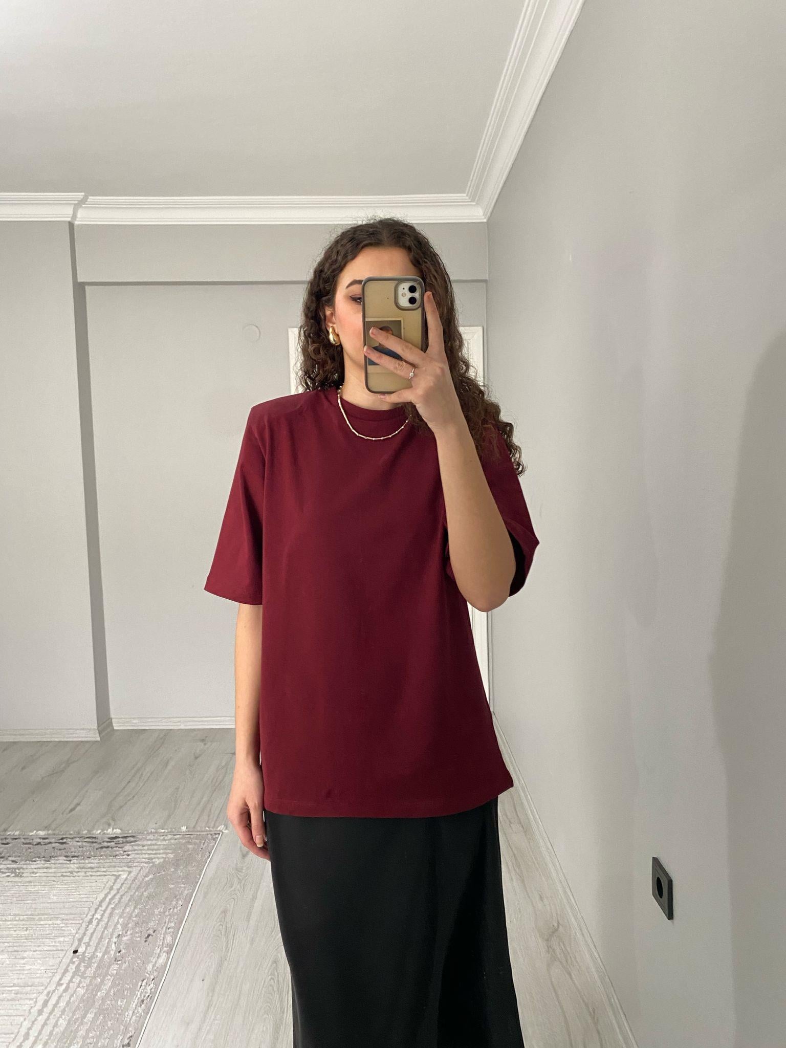 Premium Kalite Vatkalı Pamuklu Kısa Kollu Tshirt Bordo