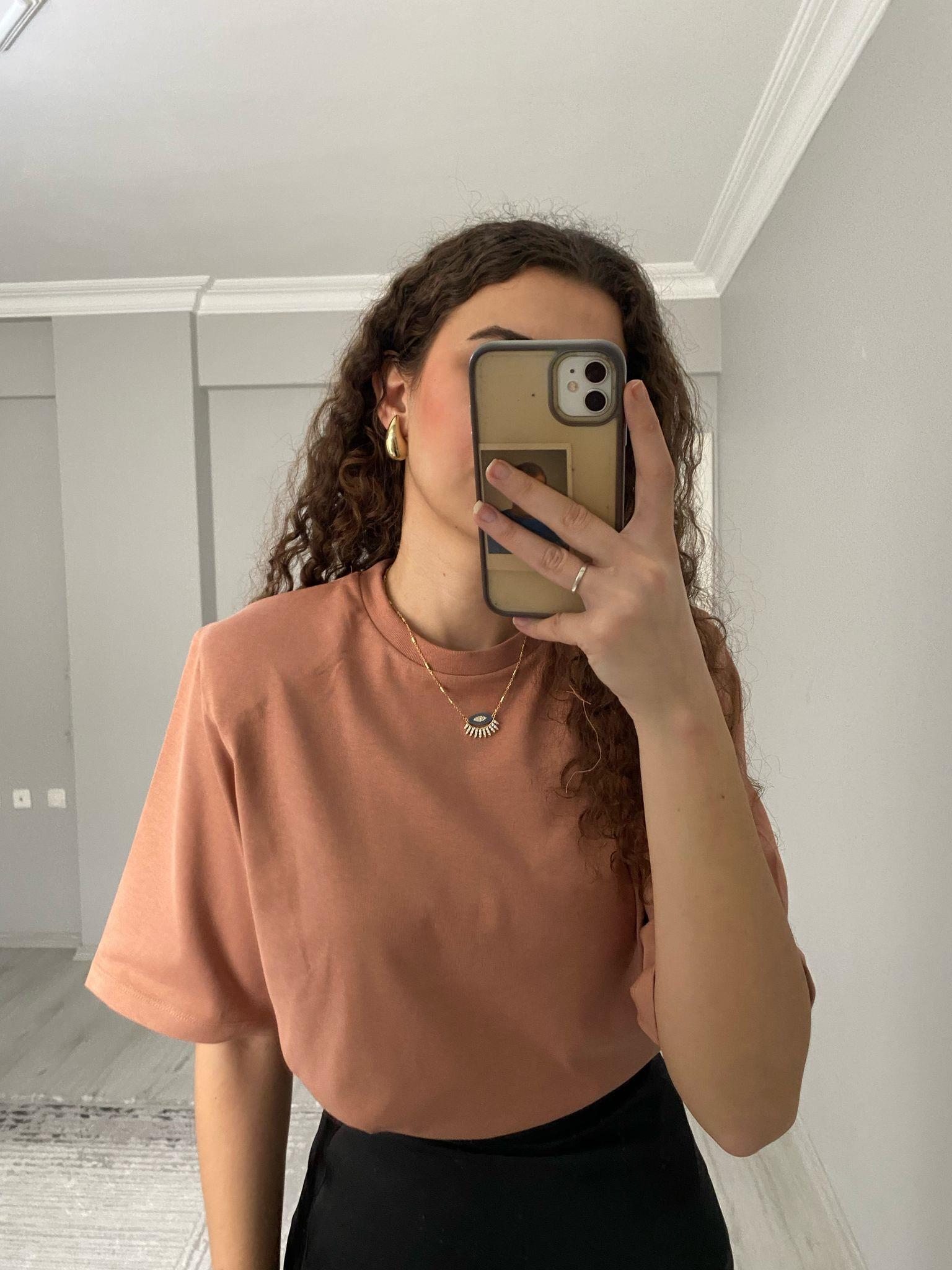 Premium Kalite Vatkalı Pamuklu Kısa Kollu Tshirt Somon