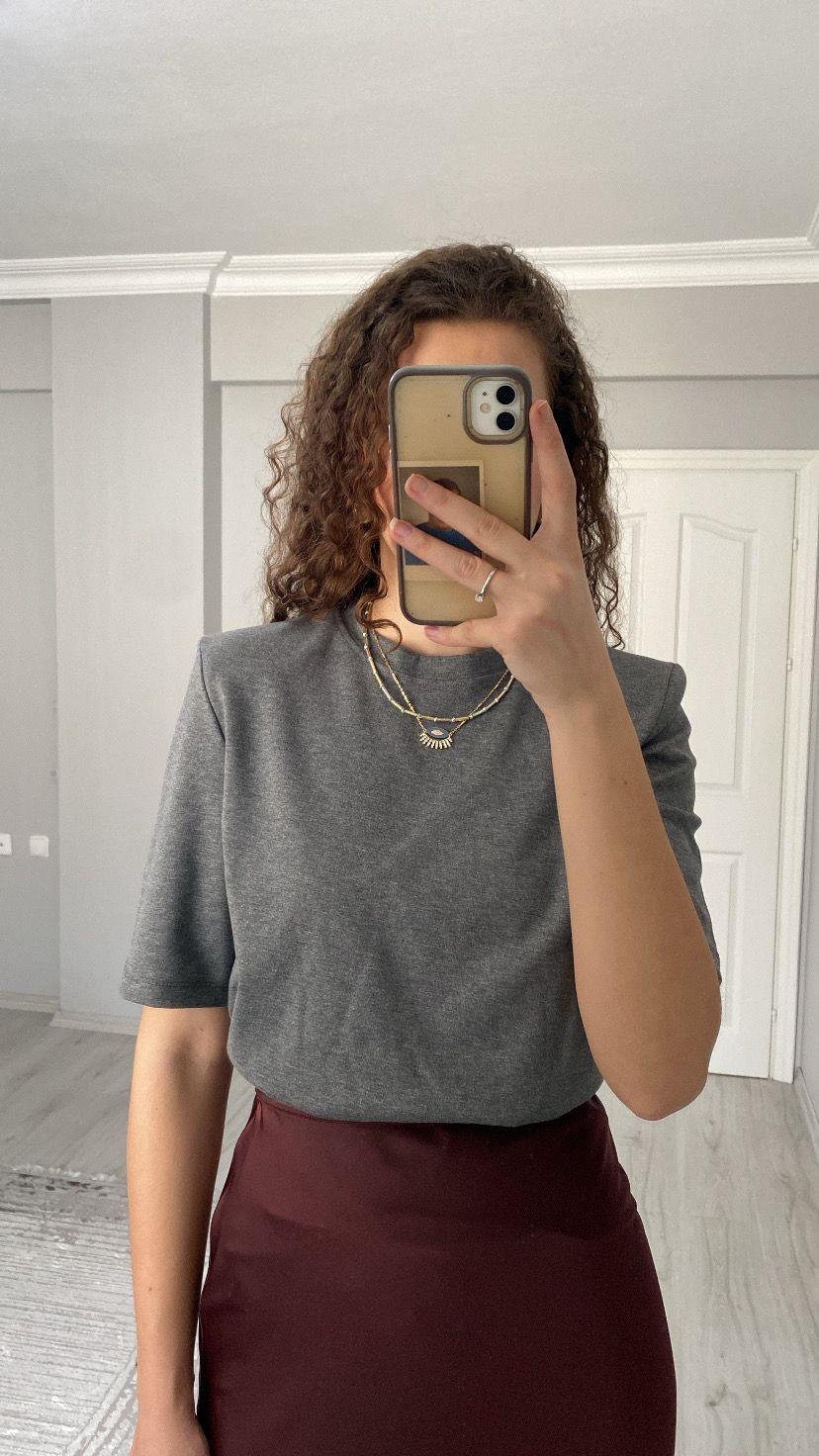 Premium Kalite Vatkalı Pamuklu Kısa Kollu Tshirt Gri