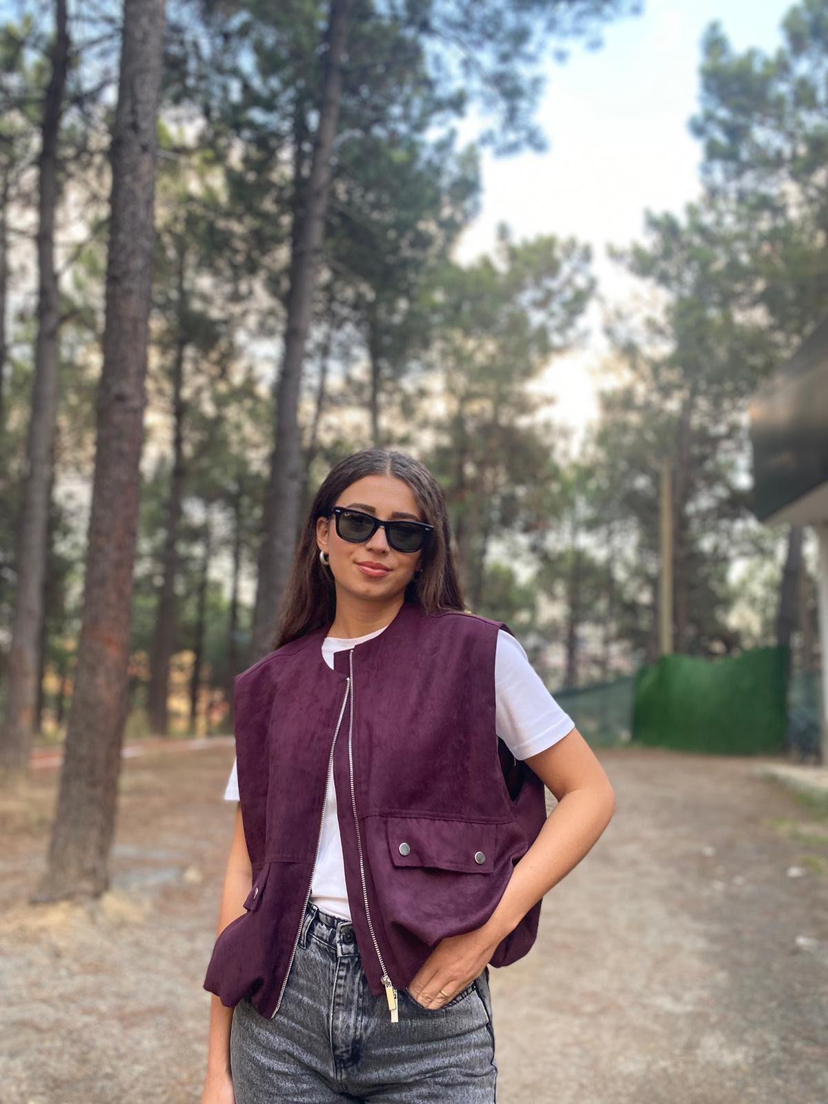 Premium Süet Fermuarlı Yelek Bordo