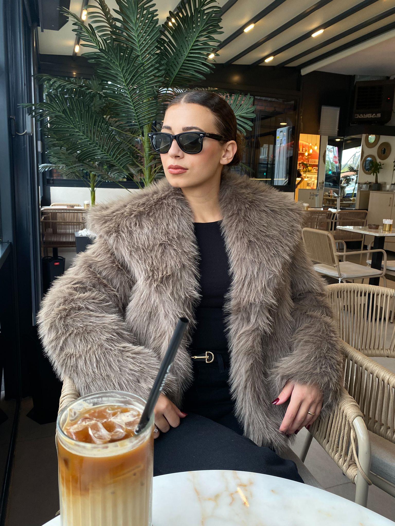 Premium Tek Düğmeli Suni Kürk Ceket Vizon