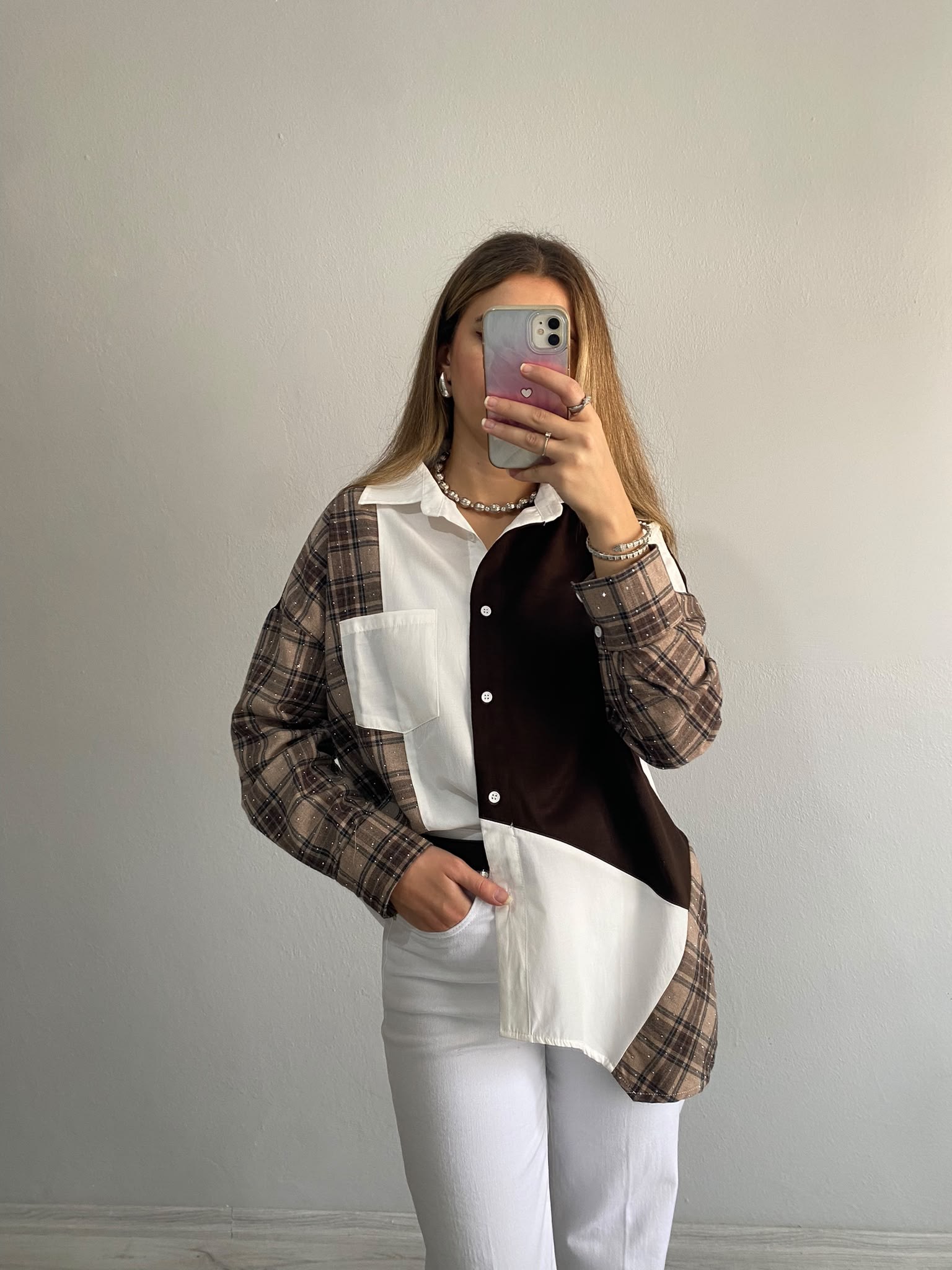 Triko Poplin Bloklu Kolları Taş Detay Oversize Gömlek - Kahverengi
