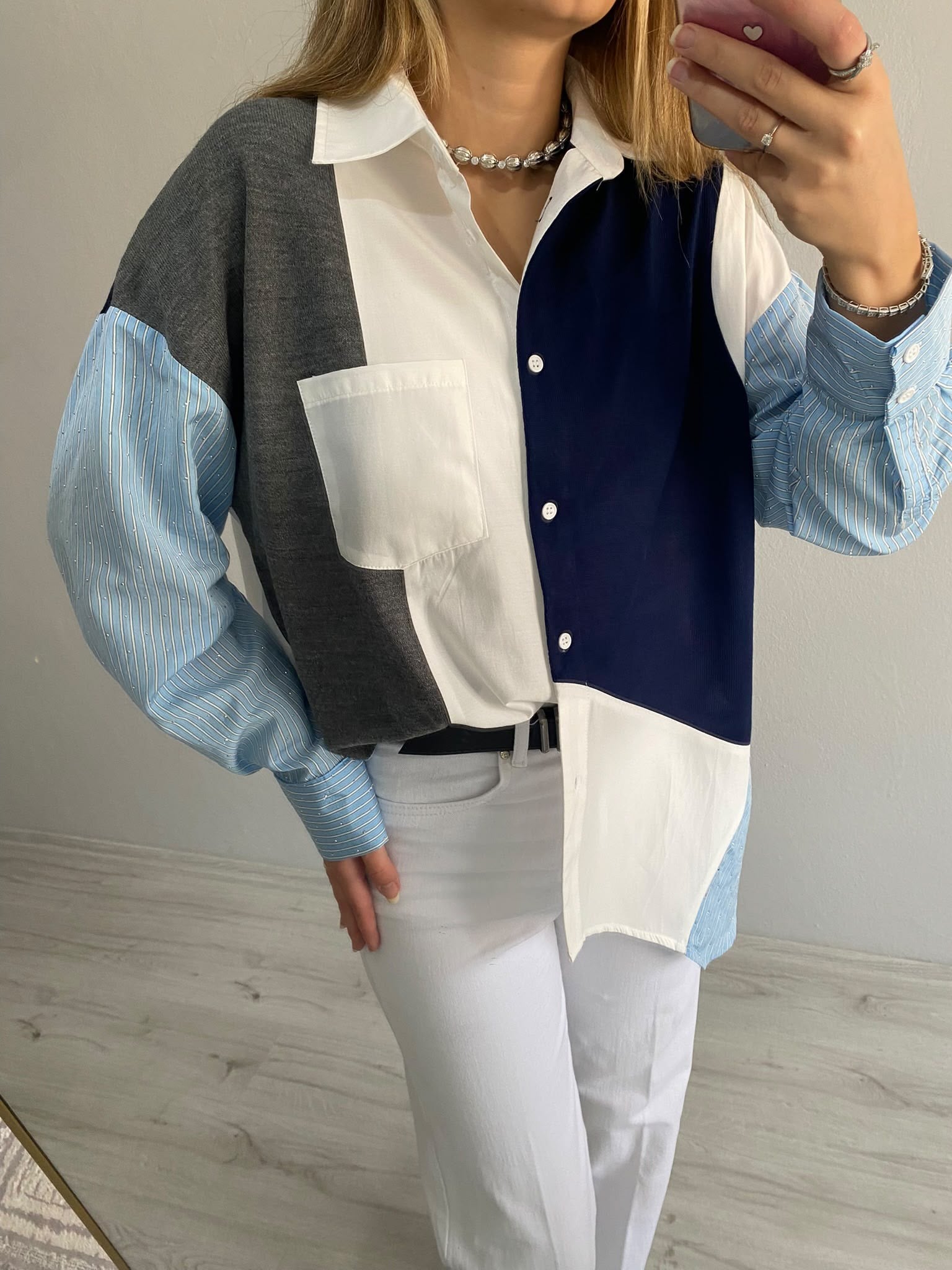 Triko Poplin Bloklu Kolları Taş Detay Oversize Gömlek - Lacivert