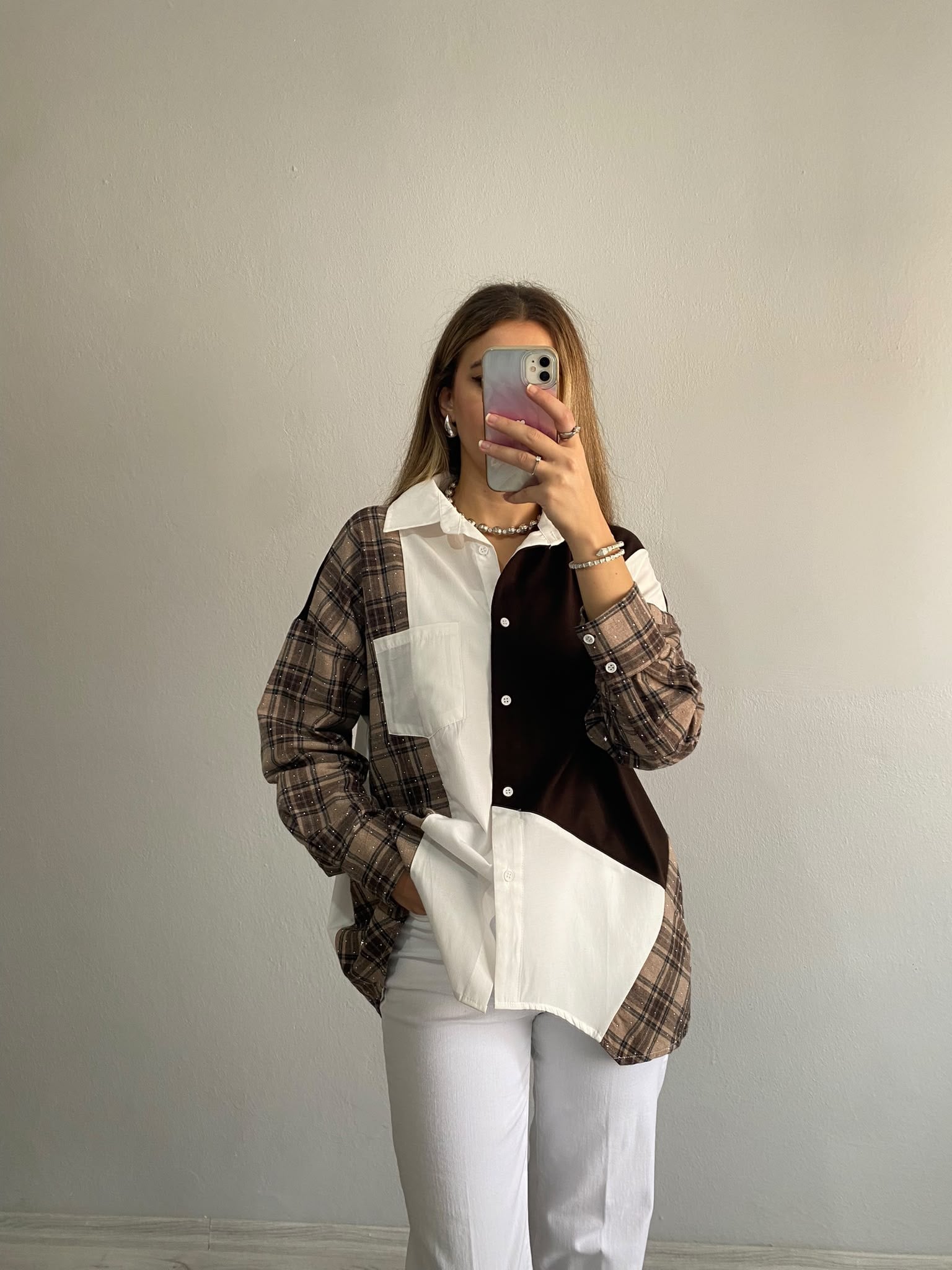 Triko Poplin Bloklu Kolları Taş Detay Oversize Gömlek - Kahverengi