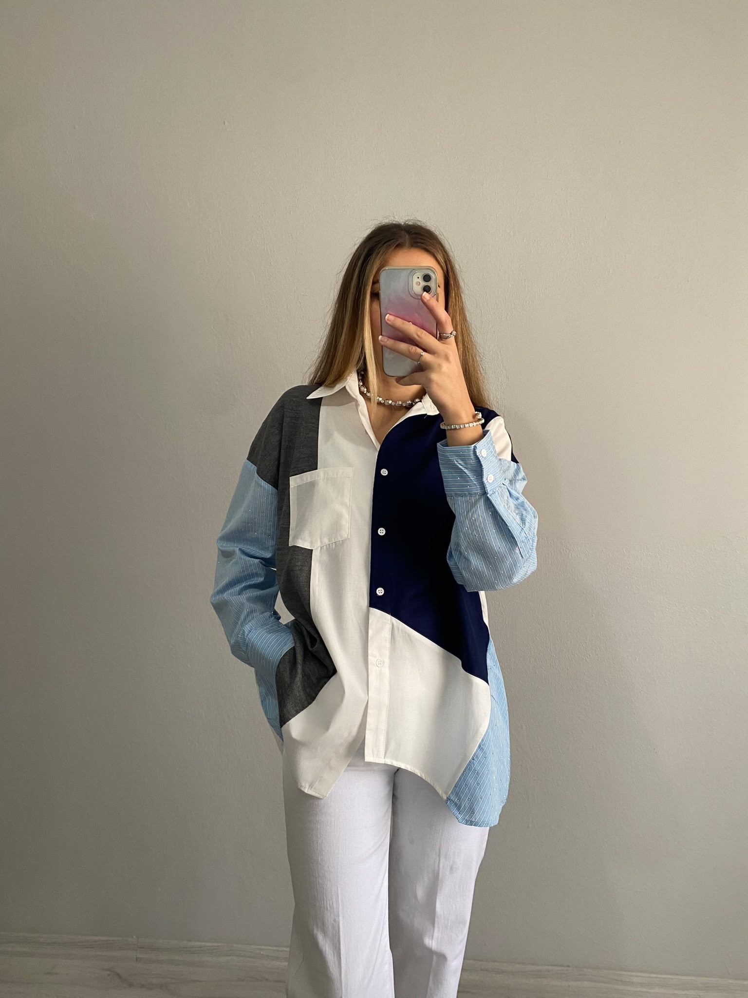 Triko Poplin Bloklu Kolları Taş Detay Oversize Gömlek - Lacivert