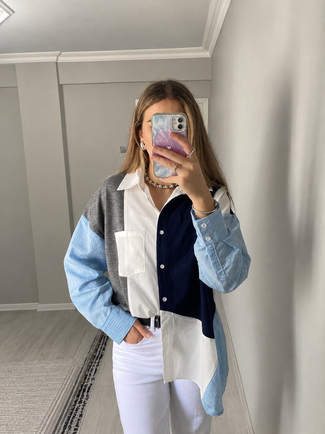Triko Poplin Bloklu Kolları Taş Detay Oversize Gömlek - Lacivert