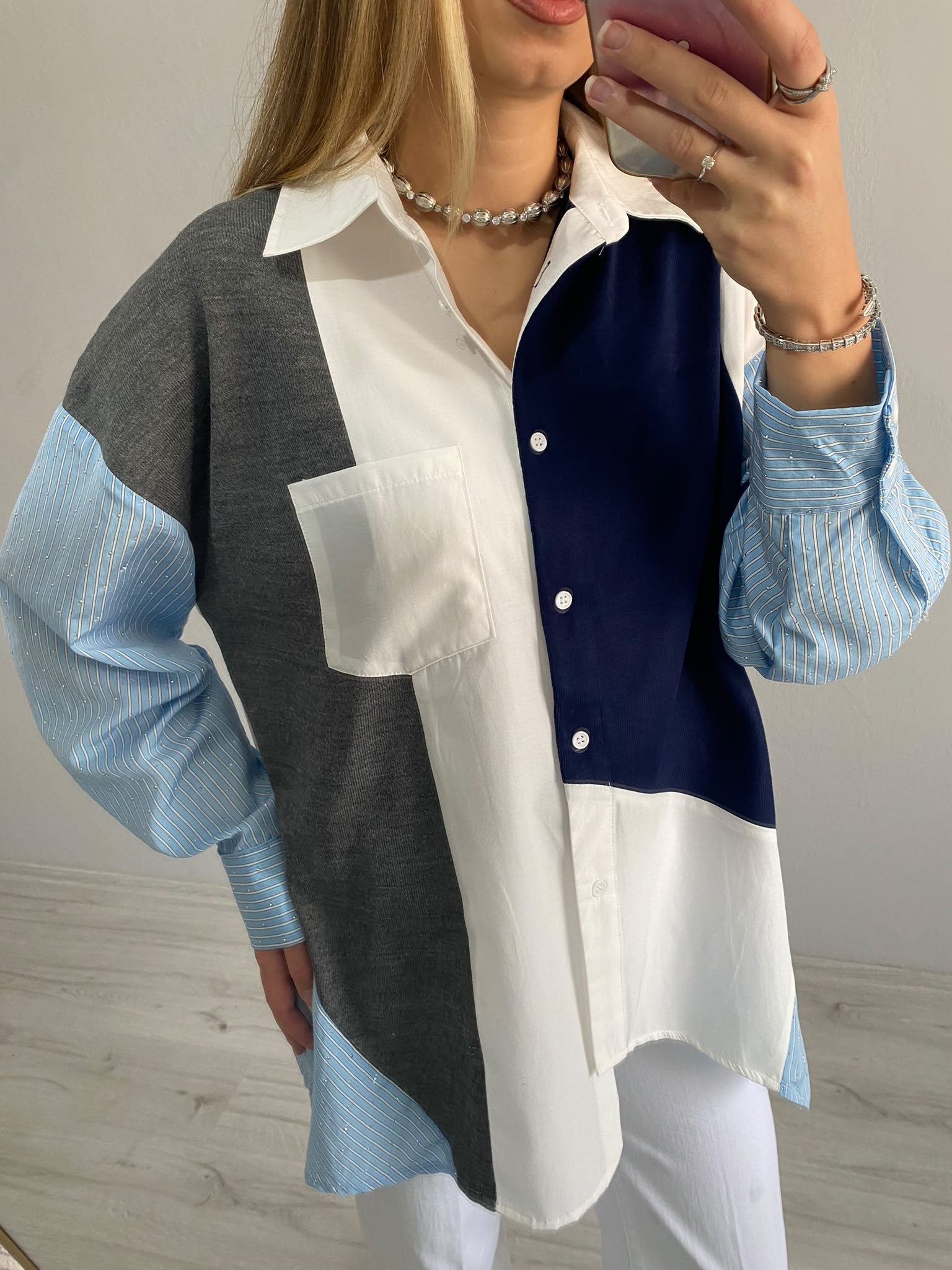 Triko Poplin Bloklu Kolları Taş Detay Oversize Gömlek - Lacivert
