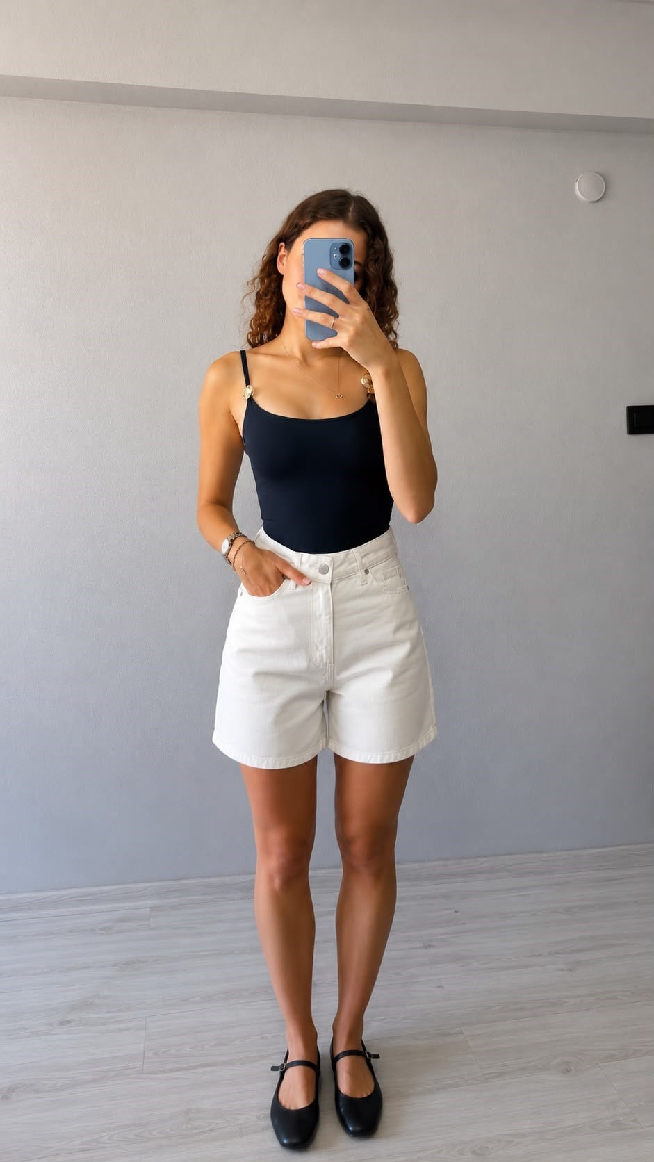 Yüksek Bel Denim Kısa Şort - Beyaz