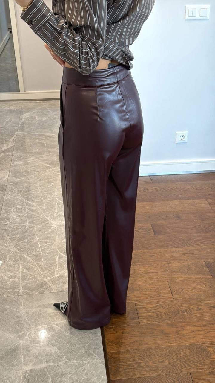 Yüksek Bel Deri Pantolon - Bordo