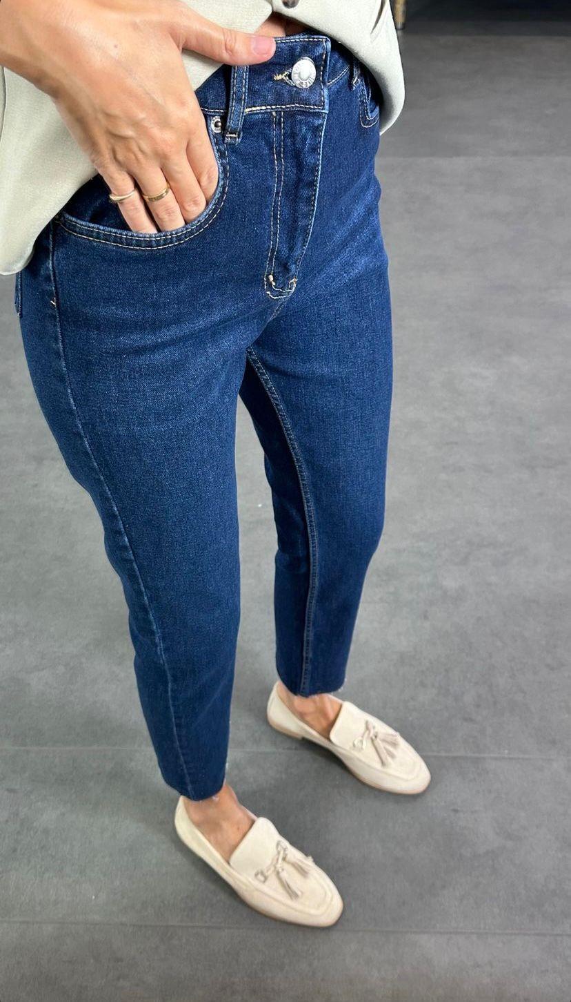 Yüksek Bel Kesik Paça Boyfit Jean Lacivert