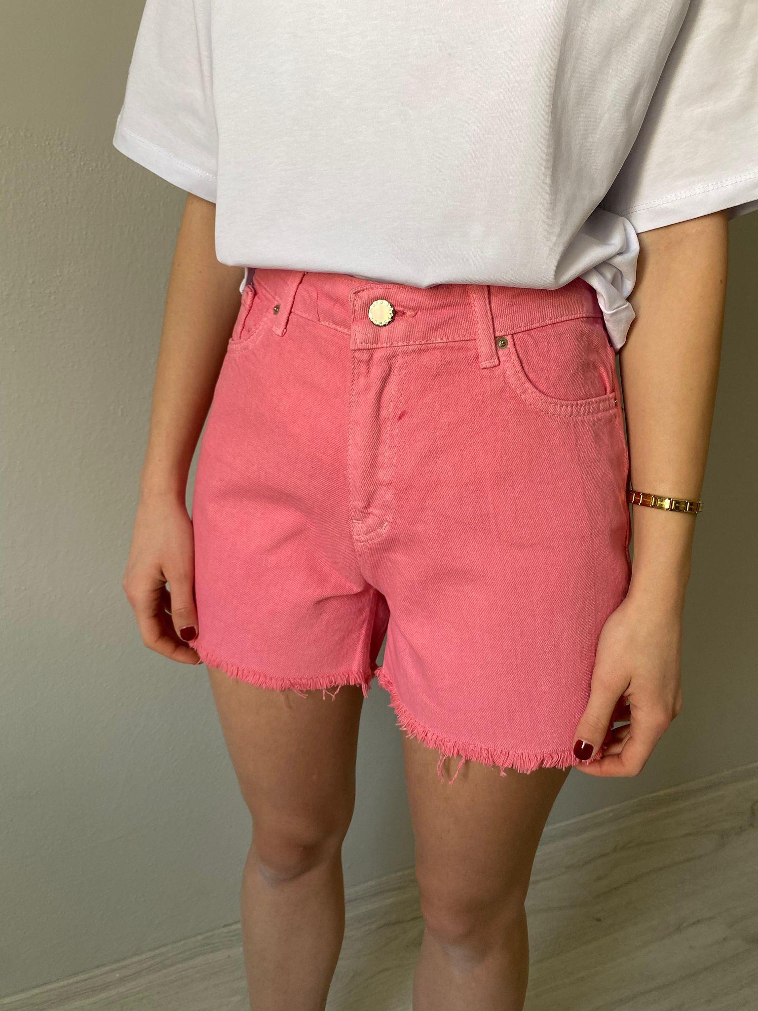 Yüksek Bel  Kısa Denim Şort Pembe