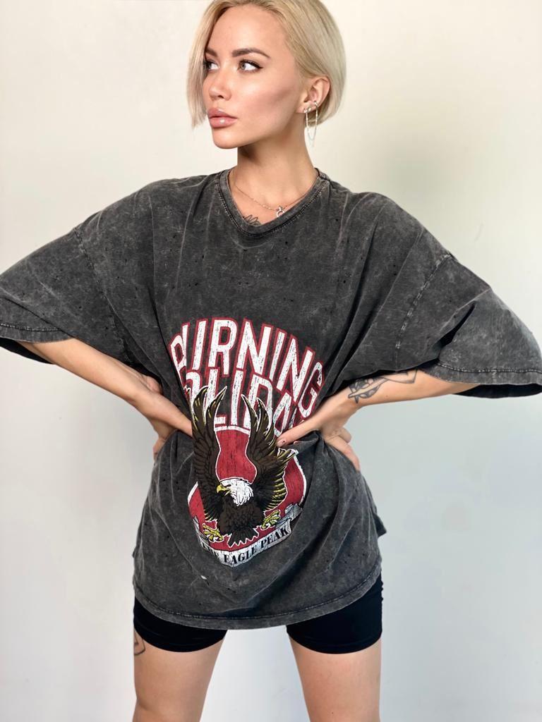  Baskılı Oversize Gri Tişört