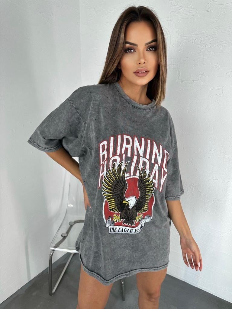  Baskılı Oversize Gri Tişört