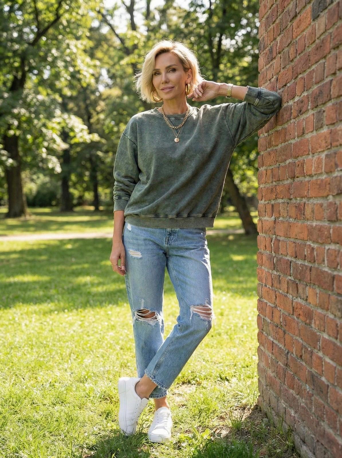  Oversize Sweatshirt - Yıkamalı Koyu Yeşil