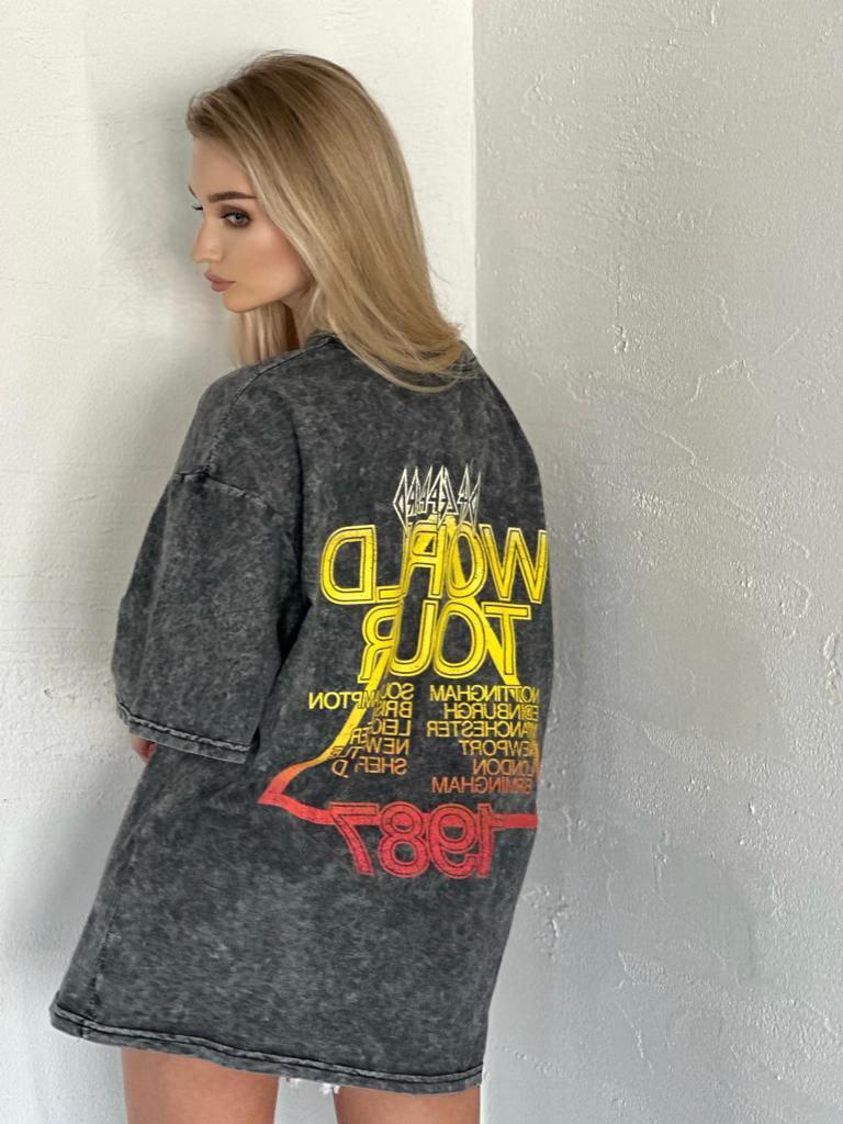  Yıkamalı Def Leppard Baskılı Oversize Tişört