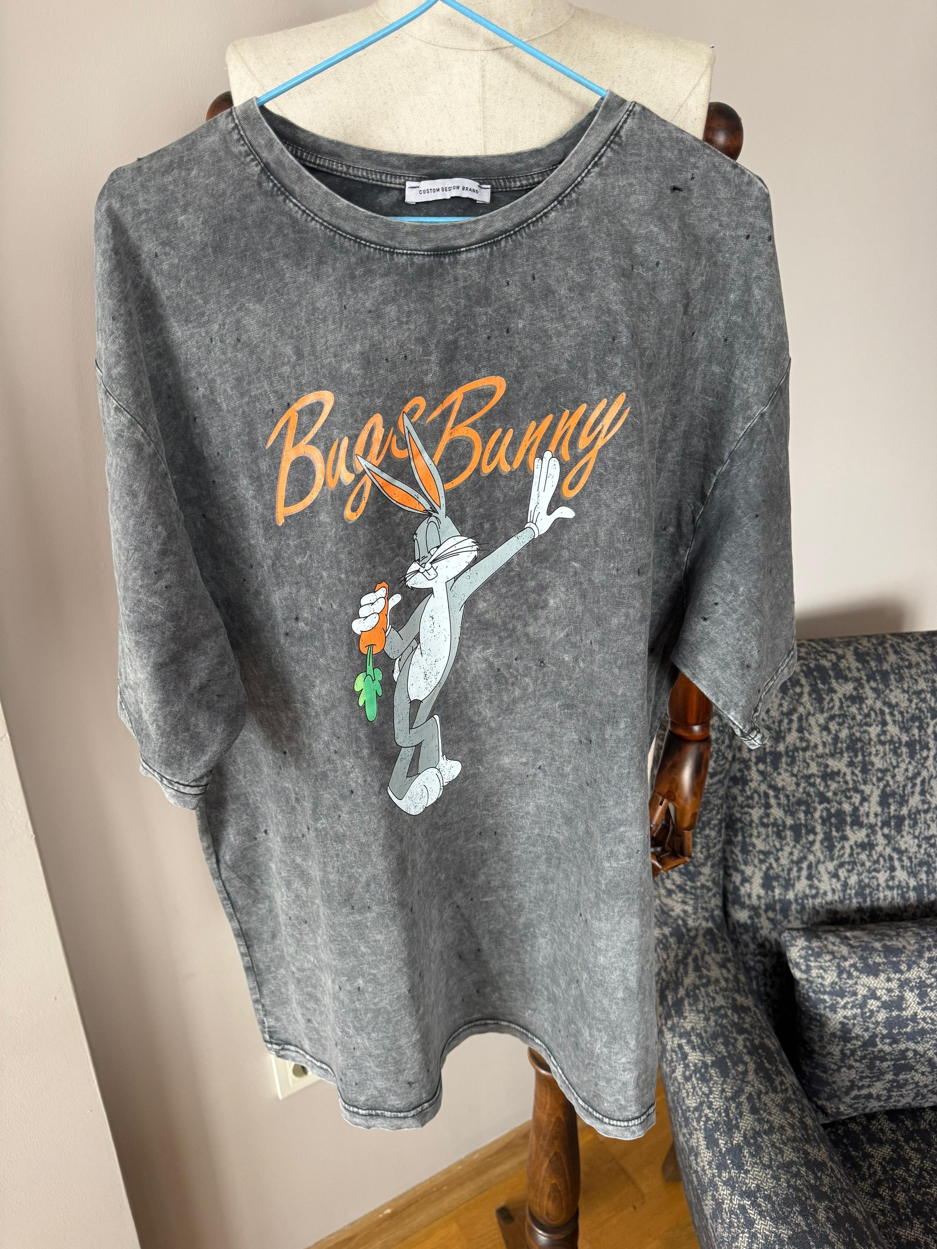 Bugs Bunny Baskılı Oversize Gri Tişört