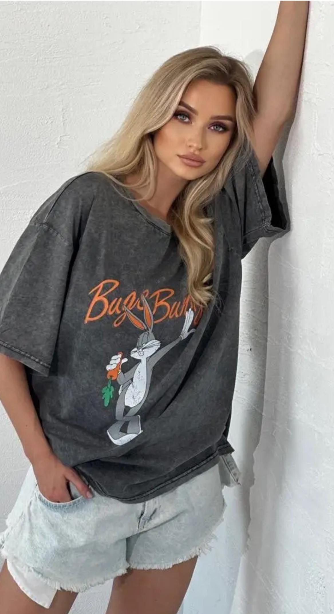 Bugs Bunny Baskılı Oversize Gri Tişört