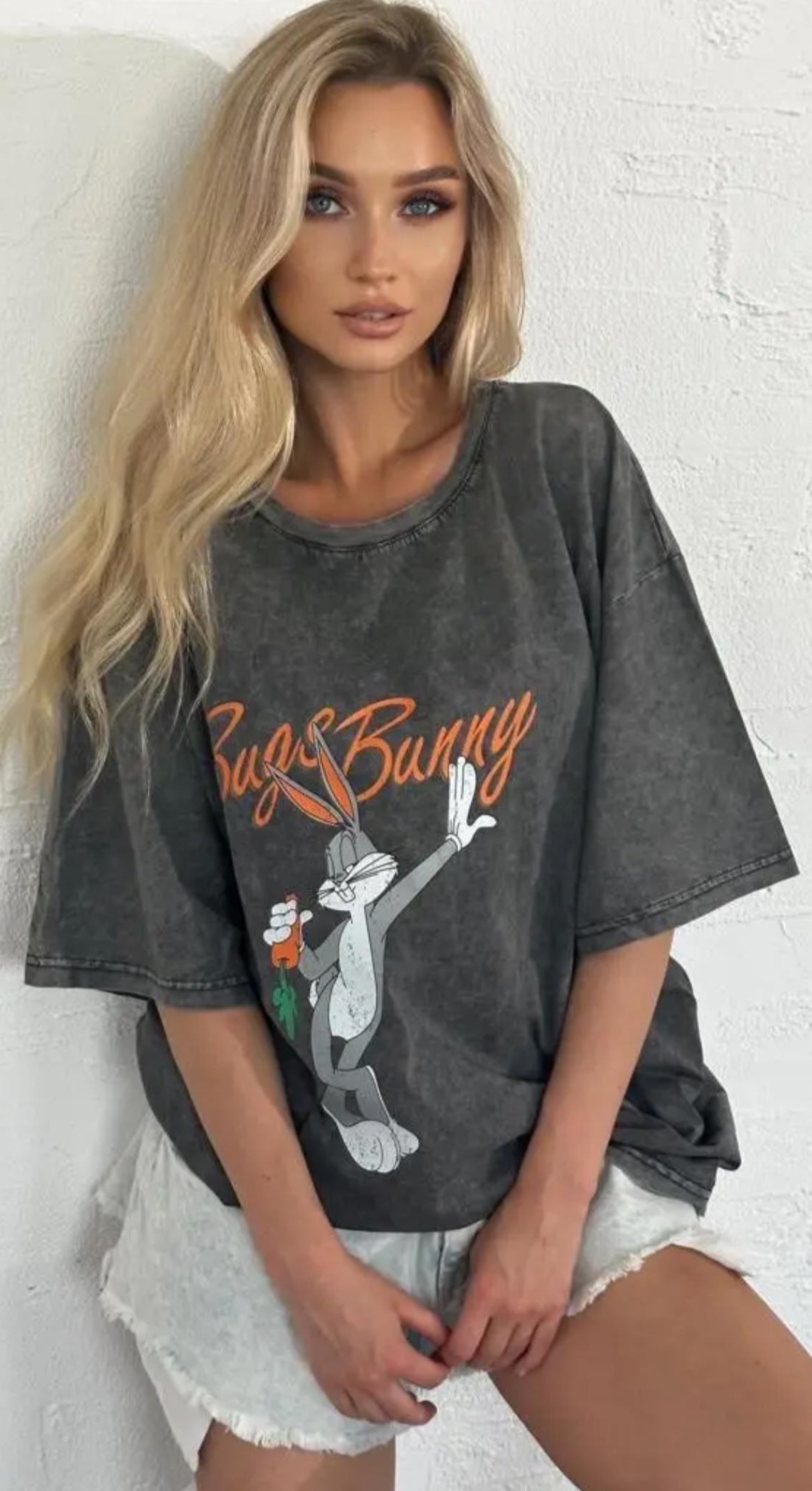 Bugs Bunny Baskılı Oversize Gri Tişört