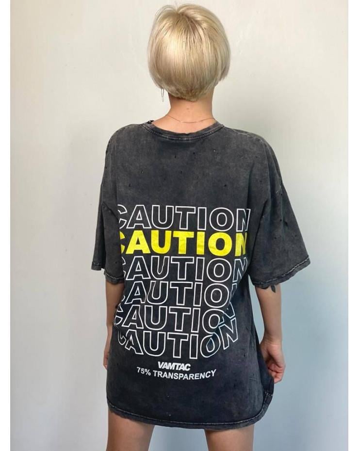 Caution Baskılı Oversize Tişört  