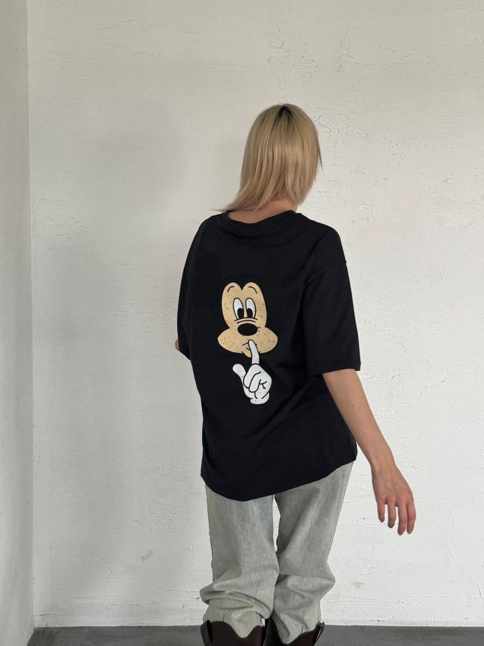 Çizgi Karakter Oversize Siyah Tişört