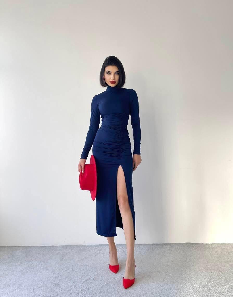 DRAPE YIRTMAÇLI MİDİ, BALIKÇI YAKA ELBİSE