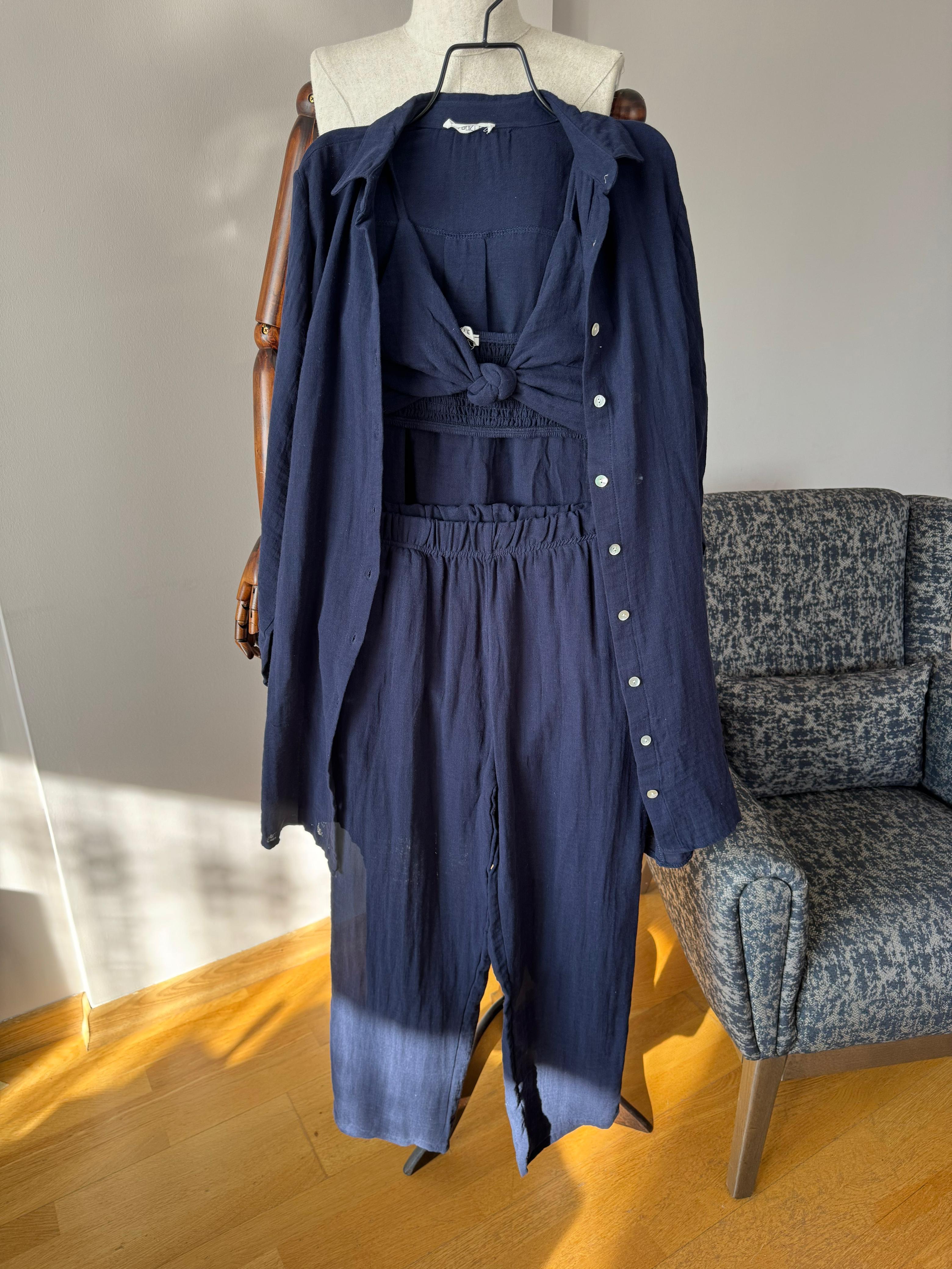 Gömlek Pantalon Crop 3 lü Keten Takım