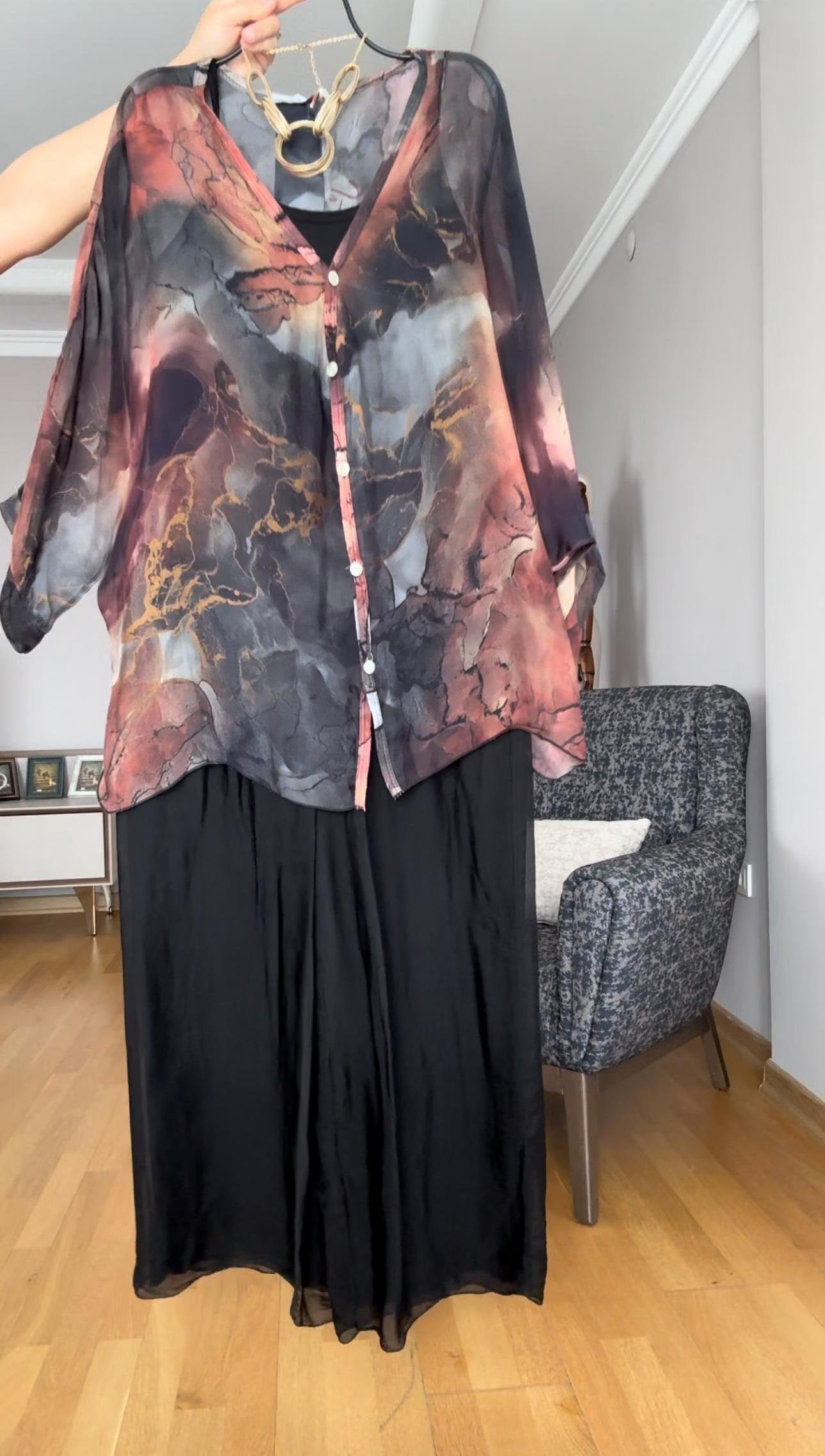 İthal Oversize Gömlek - Pantolon Takım Kahverengi