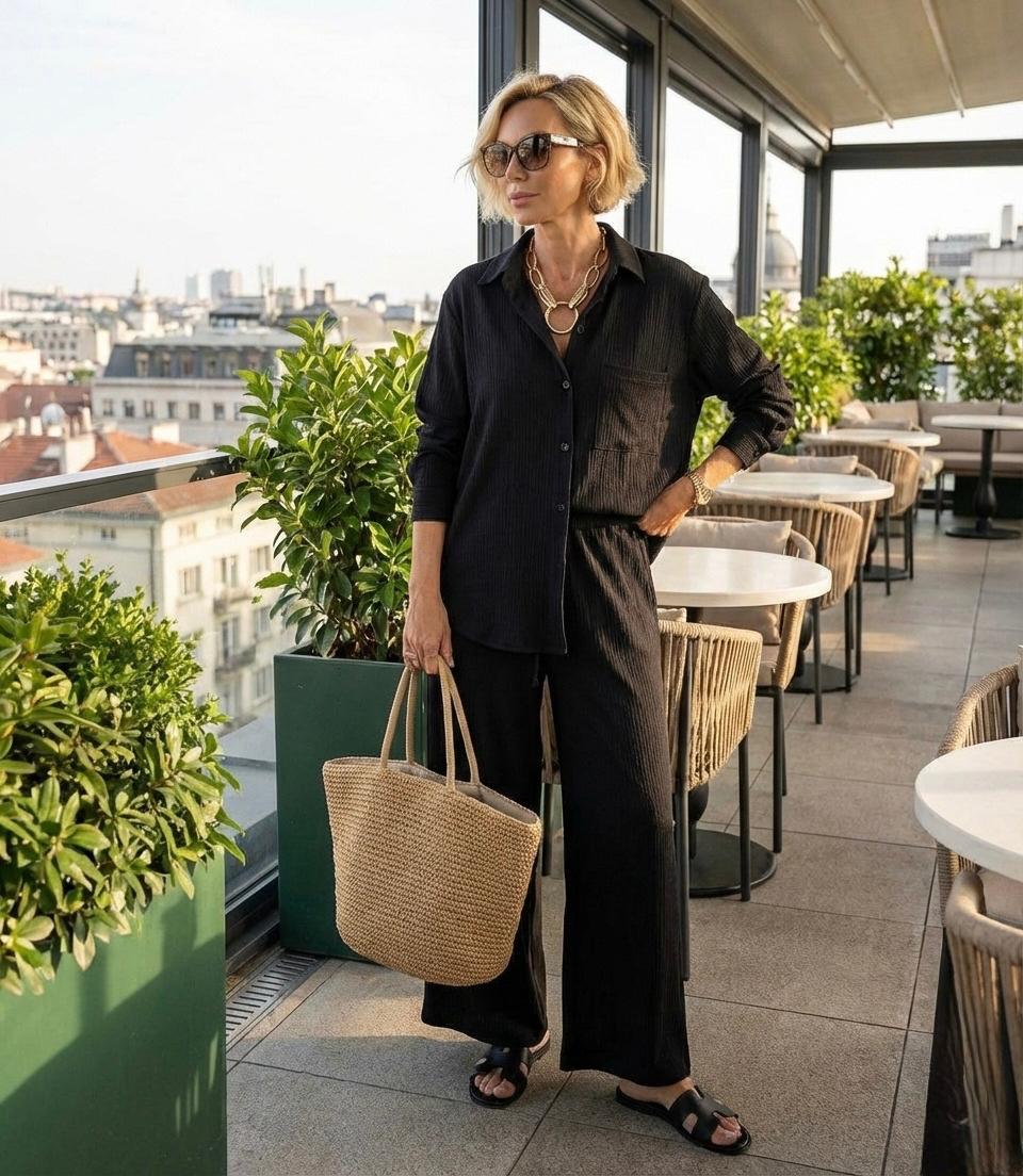 Kadın Gömlek Yaka Ön Düğmeli İkili Krep Kumaş Takım