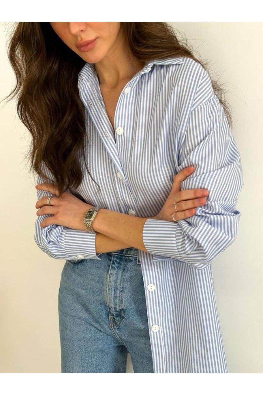 Kadın Oversize Mavi Çizgili İthal Marka Gömlek