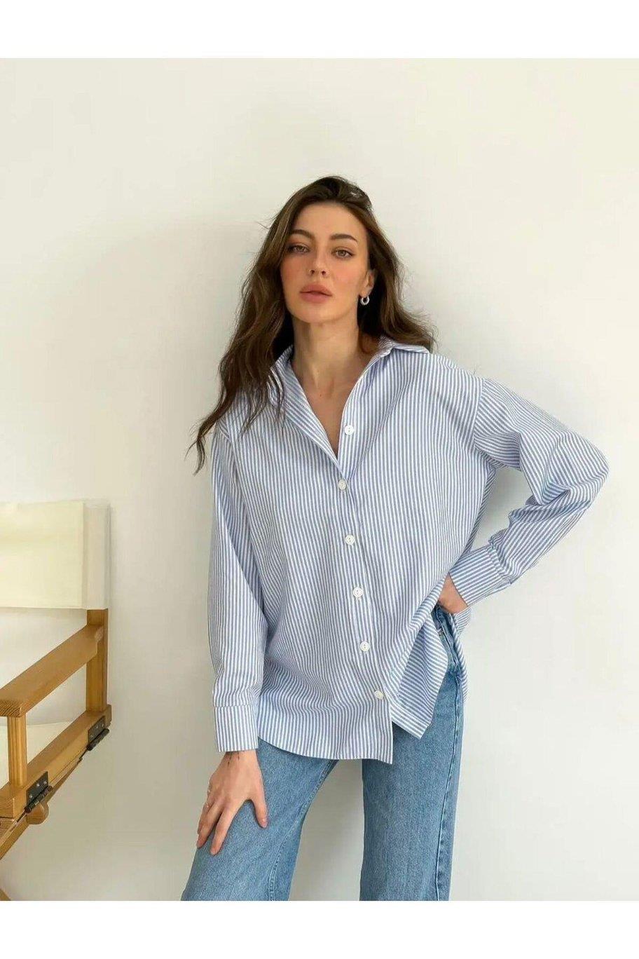 Kadın Oversize Mavi Çizgili İthal Marka Gömlek