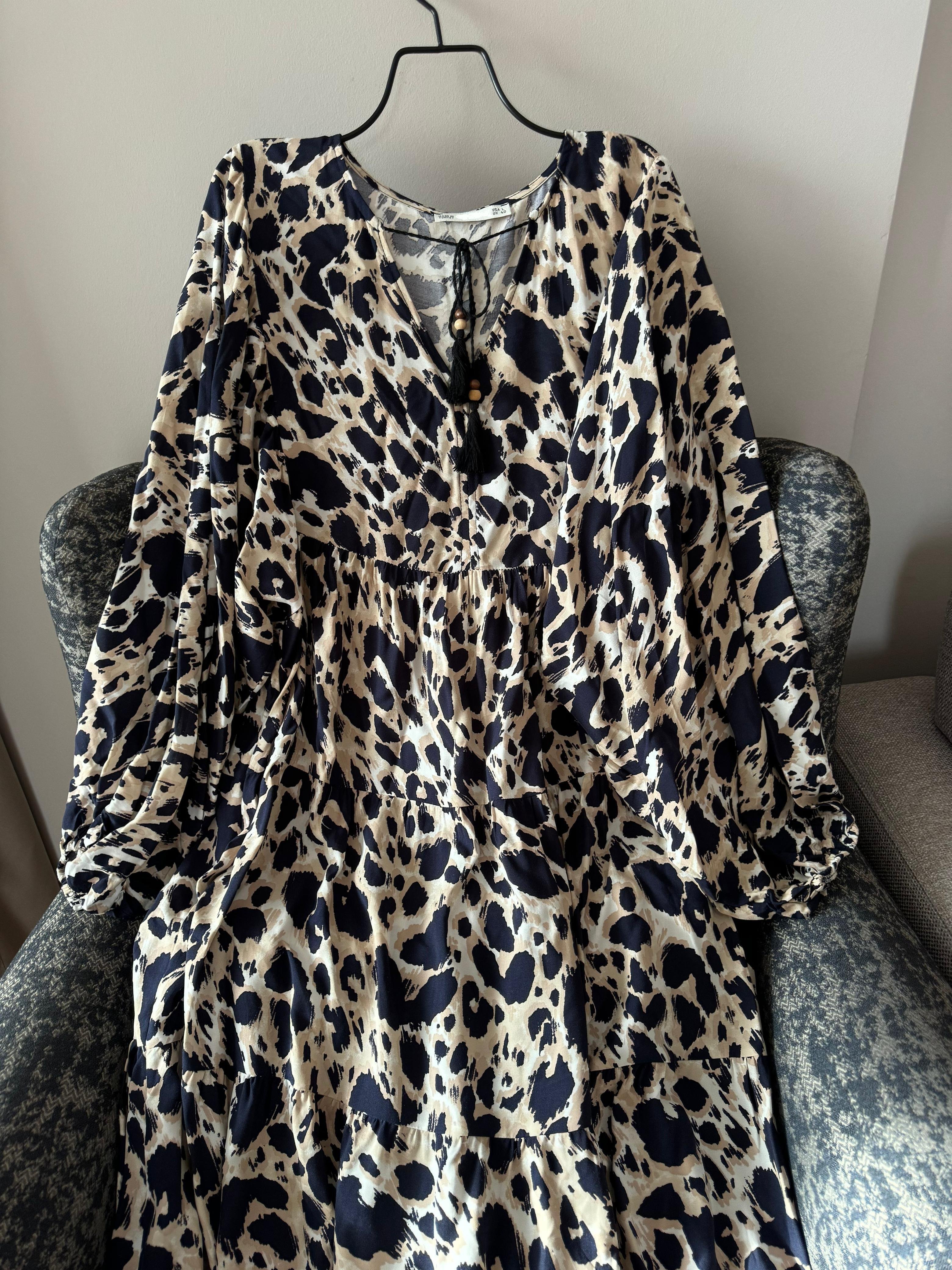 Leopar Desenli Rahat Kesim Elbise