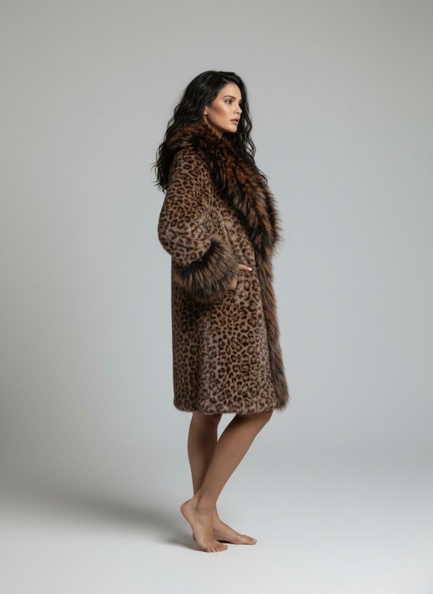Leopar Desenli Suni Kürklü Kaban