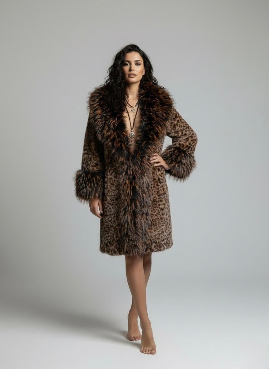 Leopar Desenli Suni Kürklü Kaban