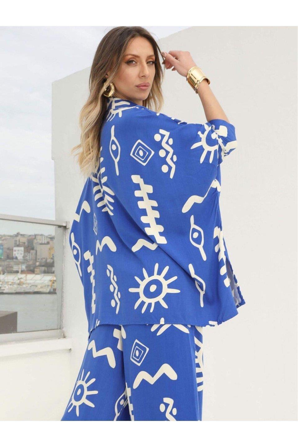Mavi Oversize Desenli Gömlek ve Pantolon Takım