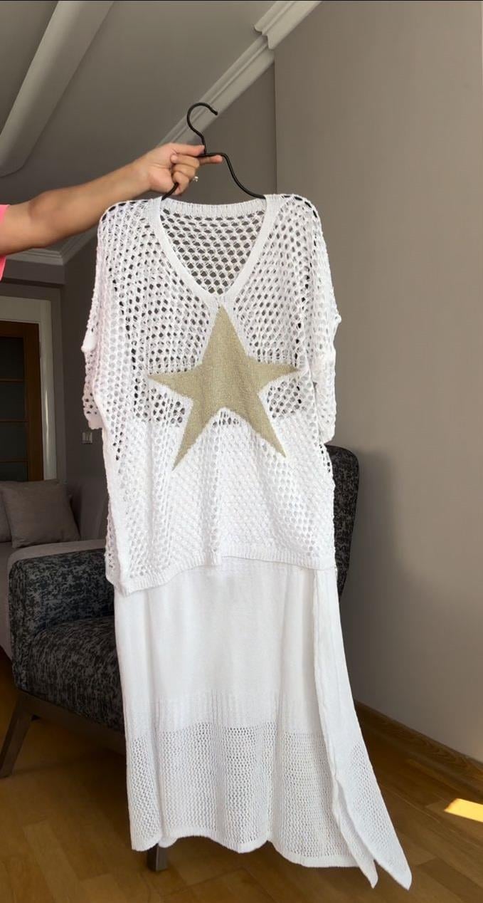 Star Tasarım Delikli Triko Bluz, Etek Takım 