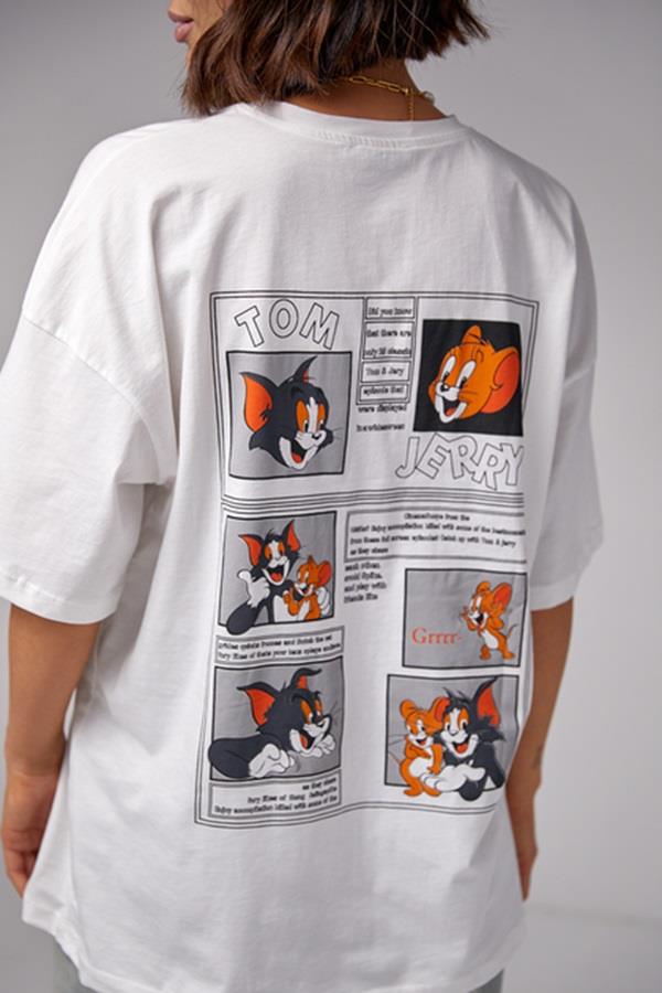 Tom and Jerry Baskılı Oversize Beyaz Tişört