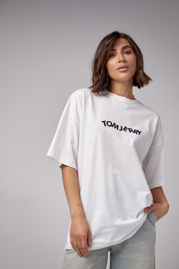 Tom and Jerry Baskılı Oversize Beyaz Tişört