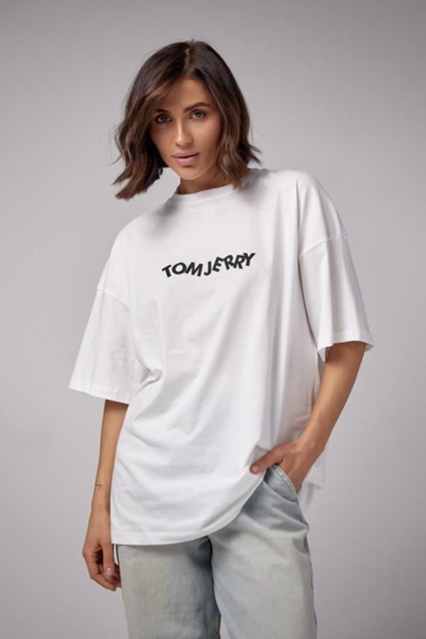 Tom and Jerry Baskılı Oversize Beyaz Tişört