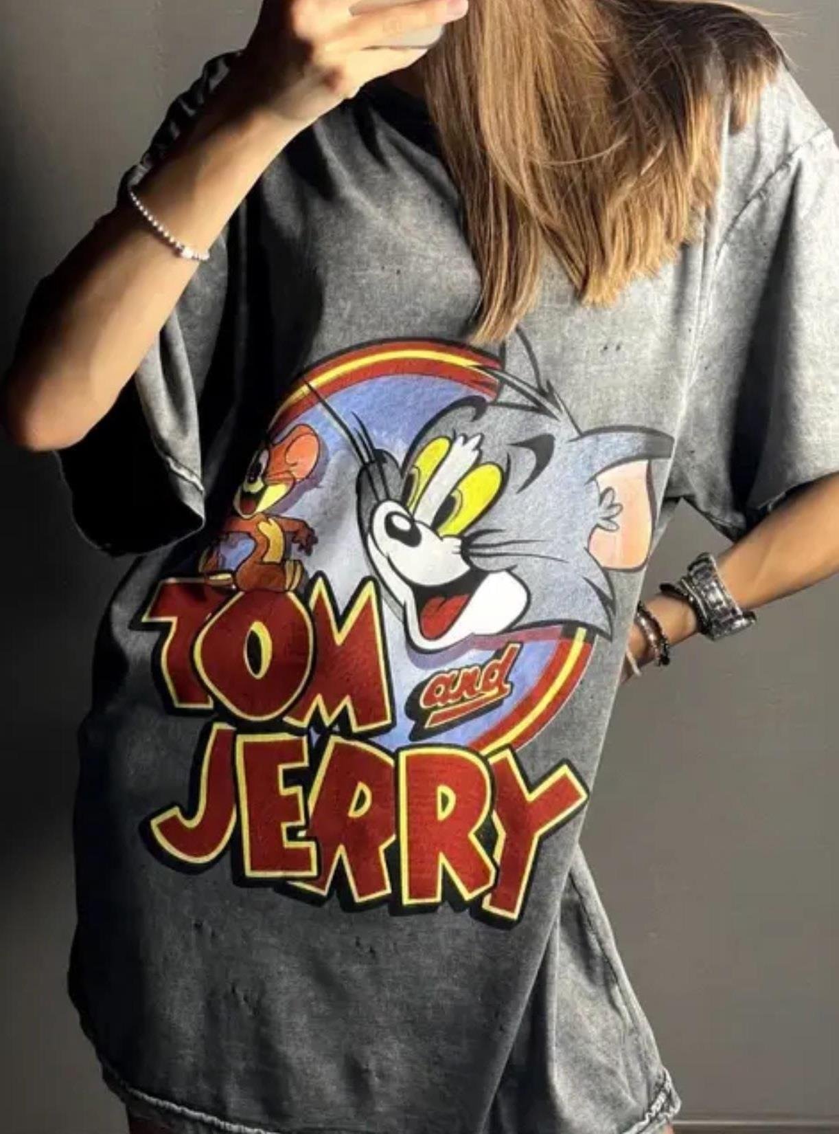 Tom and Jerry Baskılı Oversize Gri Tişört