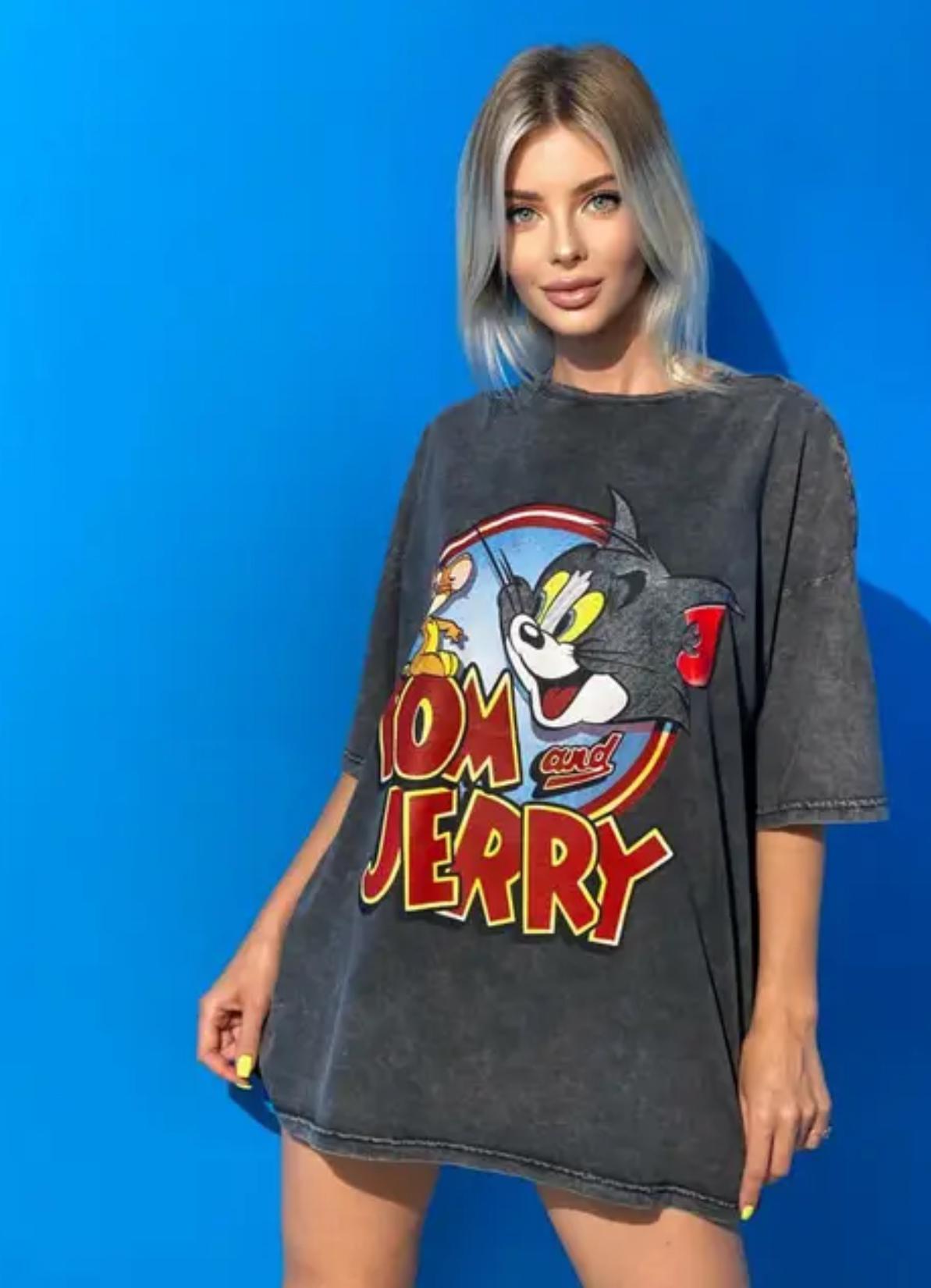 Tom and Jerry Baskılı Oversize Gri Tişört