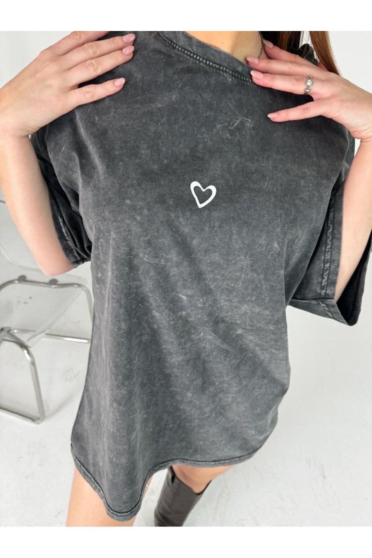 Tshirt Füme Kalp Baskı Yıkama Oversize