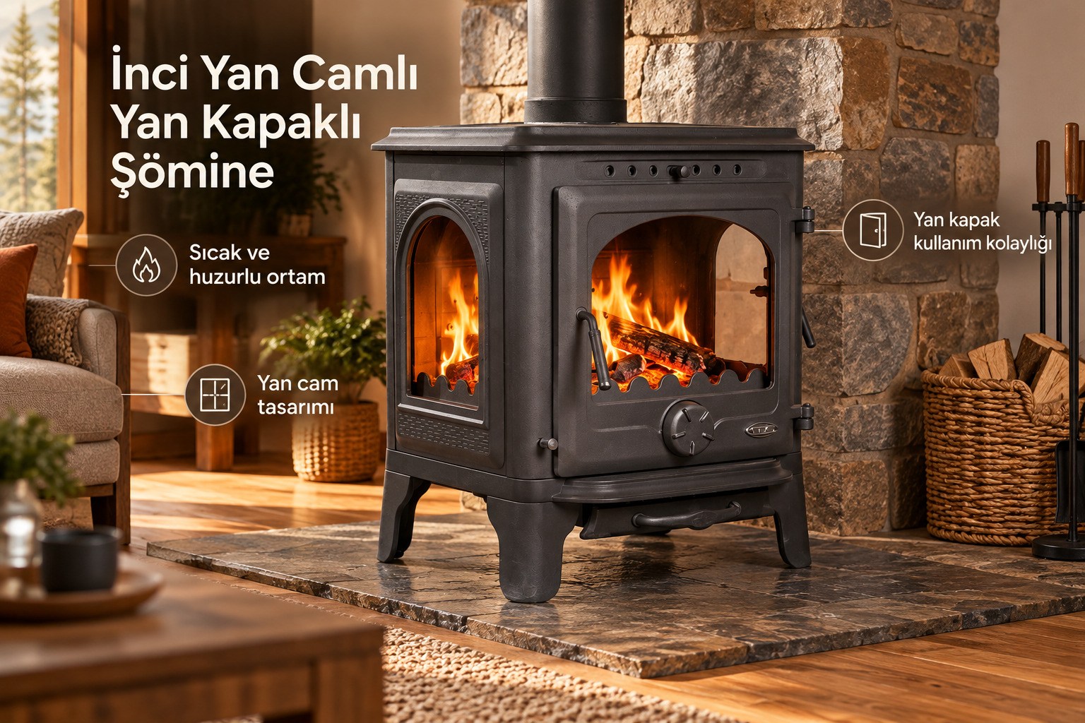 İnci Yan Camlı Yan Kapaklı Şömine