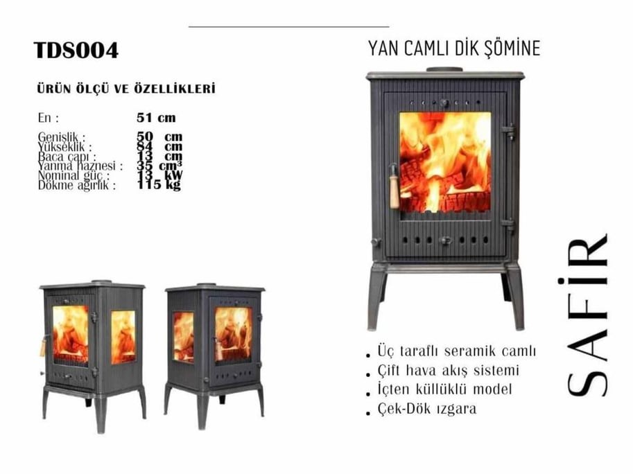 Safir Yan Camlı Dik Şömine