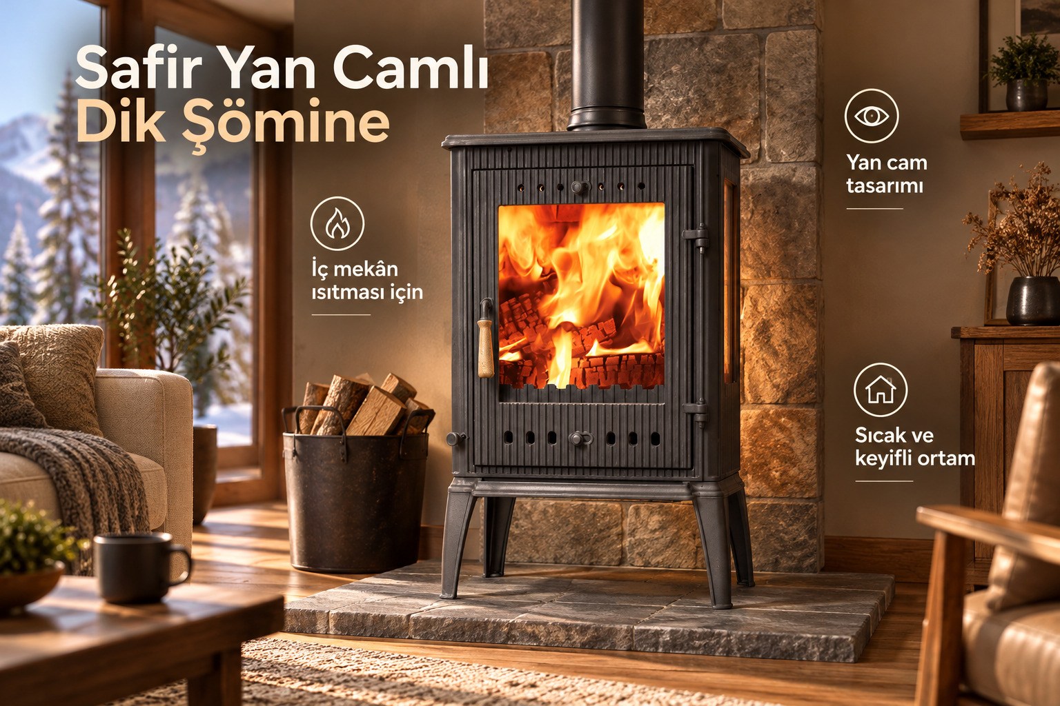 Safir Yan Camlı Dik Şömine