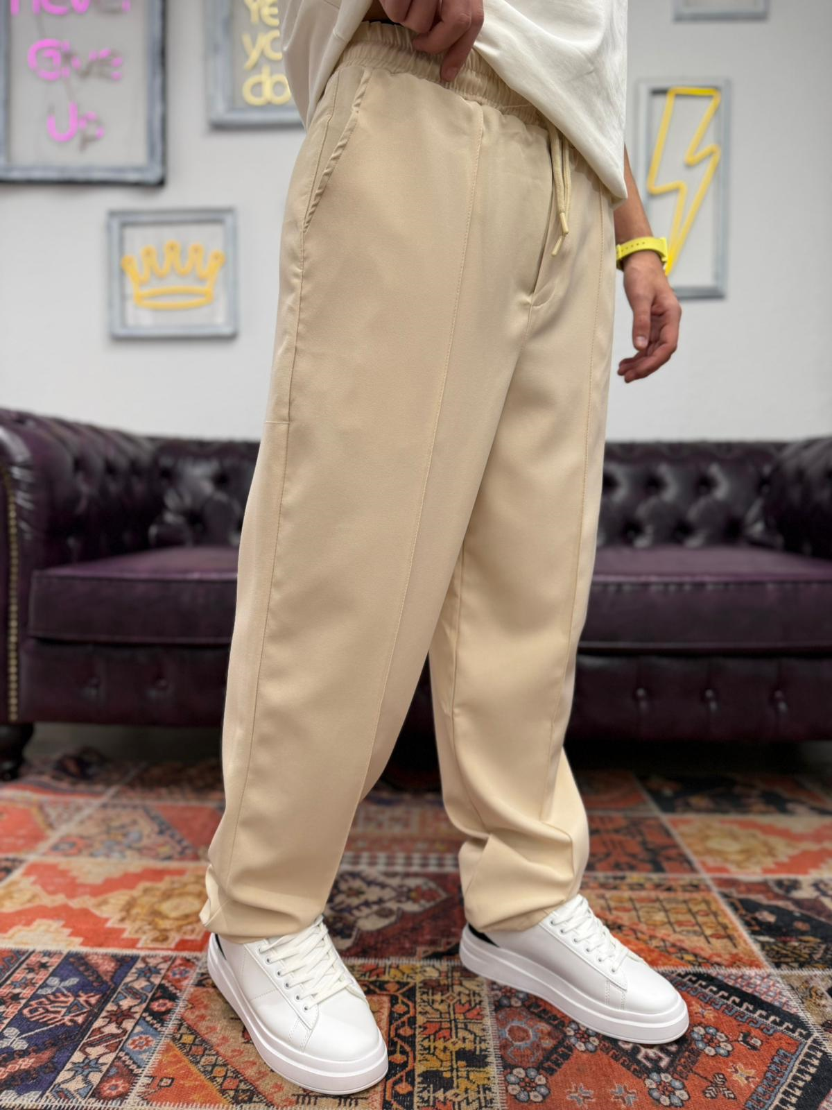 Baggy Kalıp Çımalı Likralı Pantolon Bej