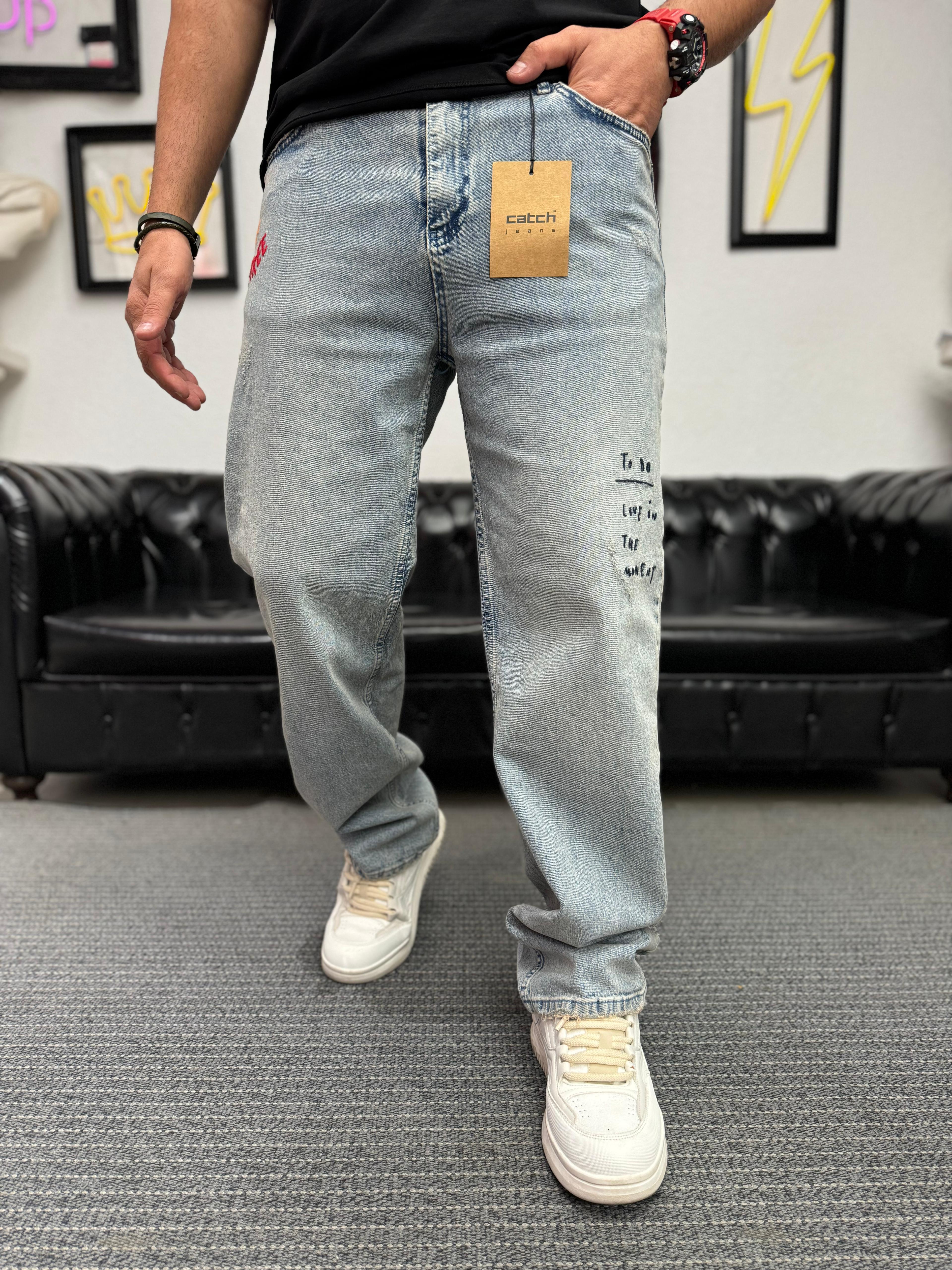 Baggy Nakış Desenli Kot Pantolon
