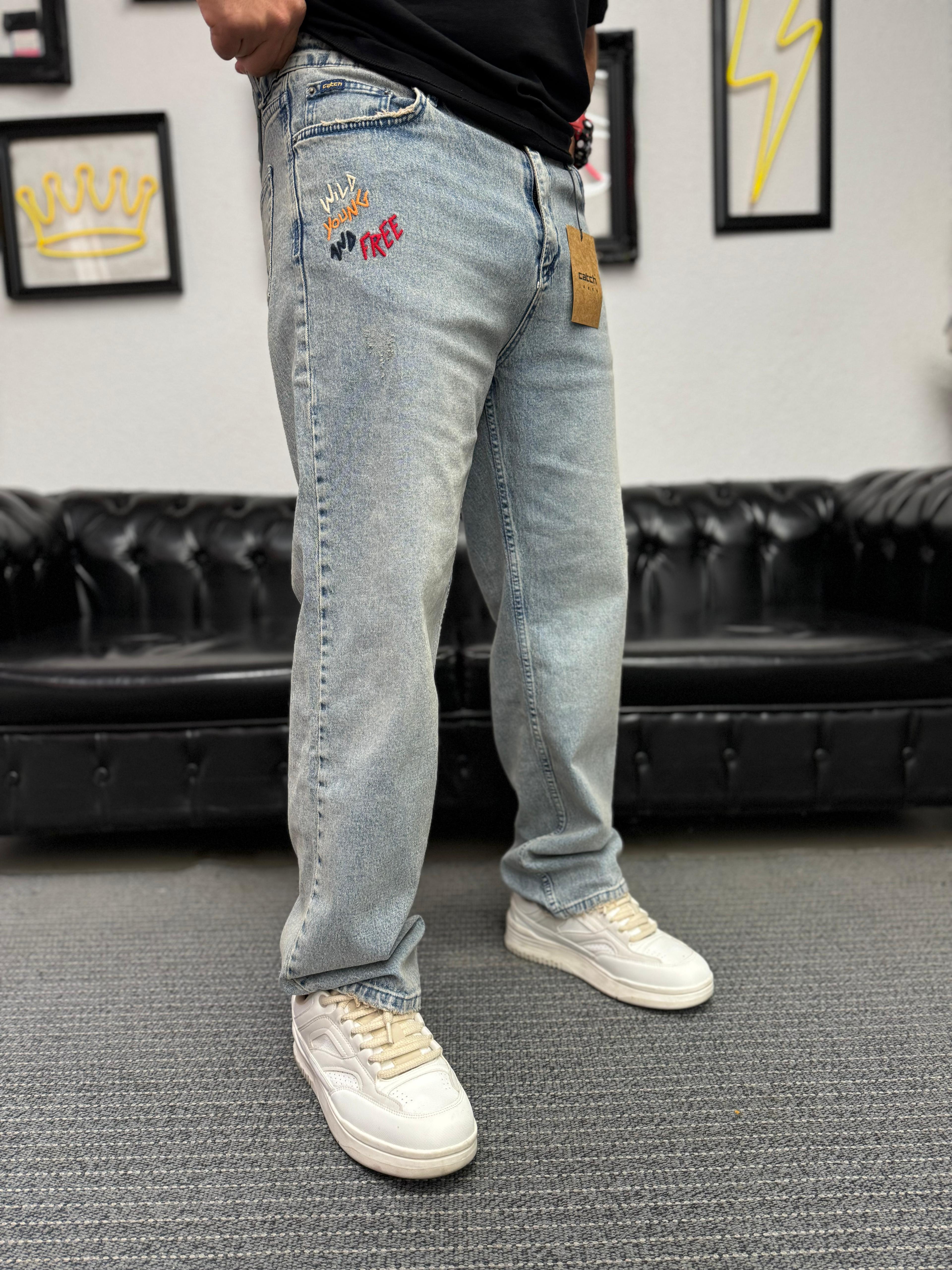 Baggy Nakış Desenli Kot Pantolon