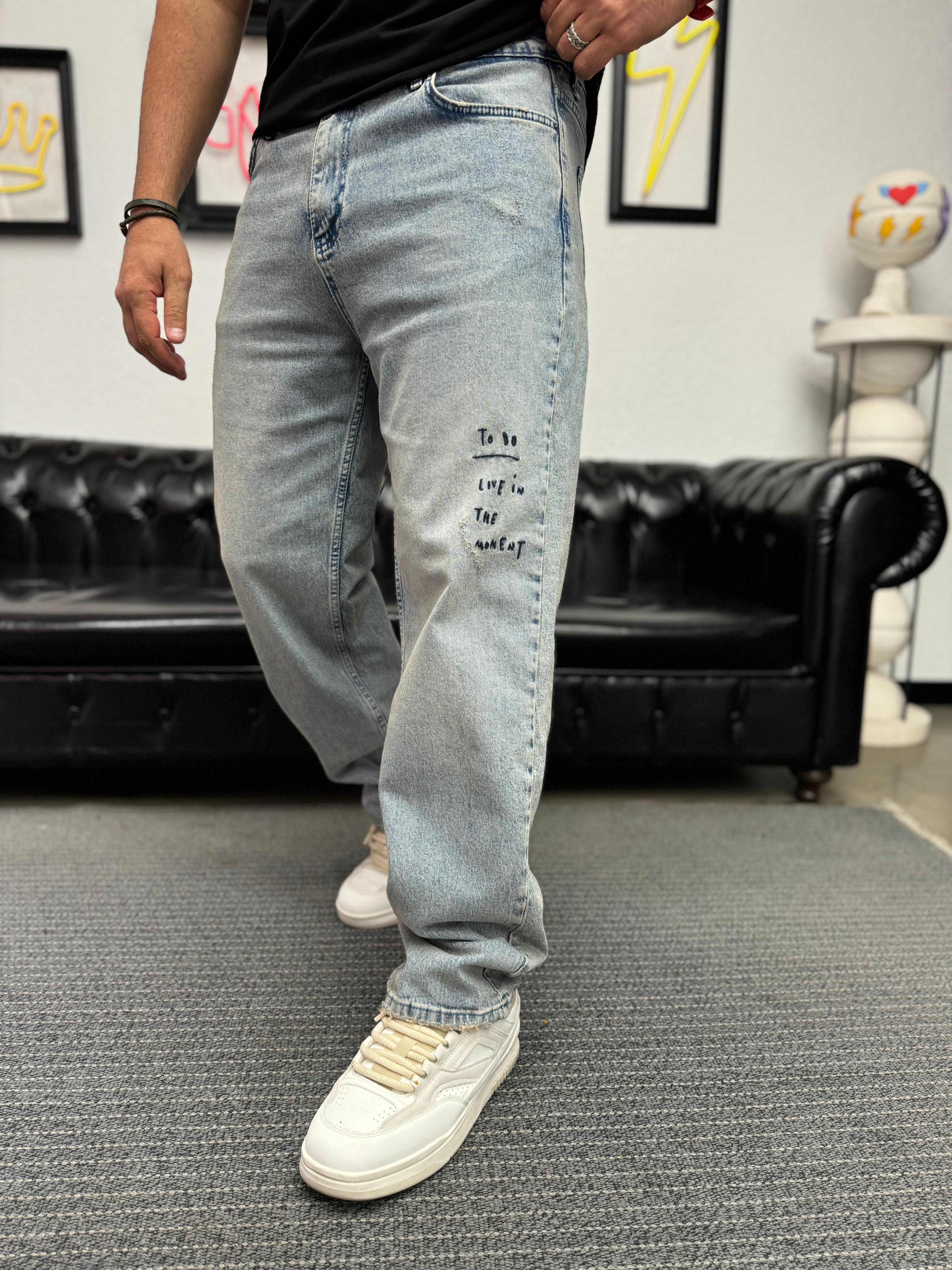 Baggy Nakış Desenli Kot Pantolon