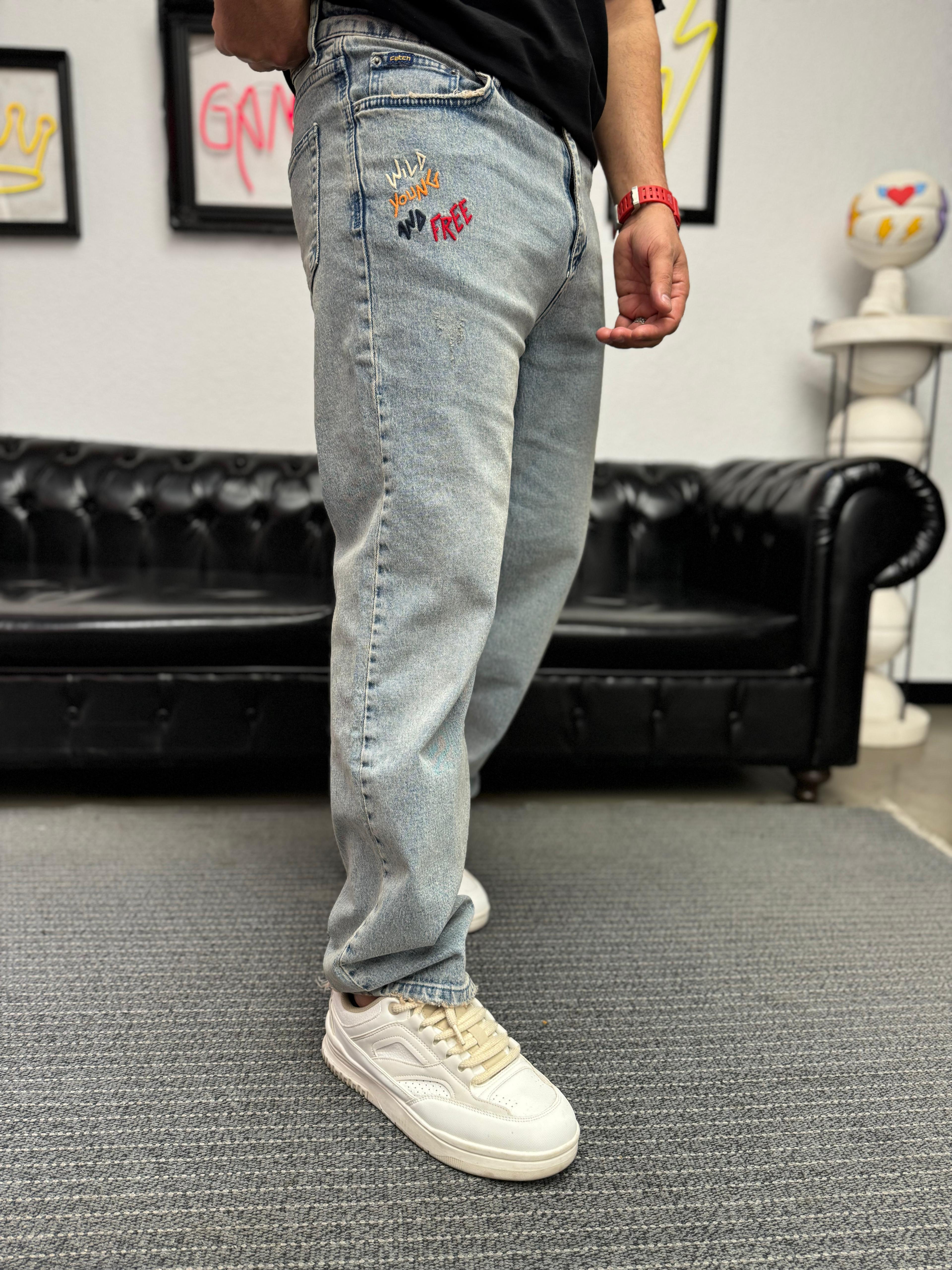 Baggy Nakış Desenli Kot Pantolon